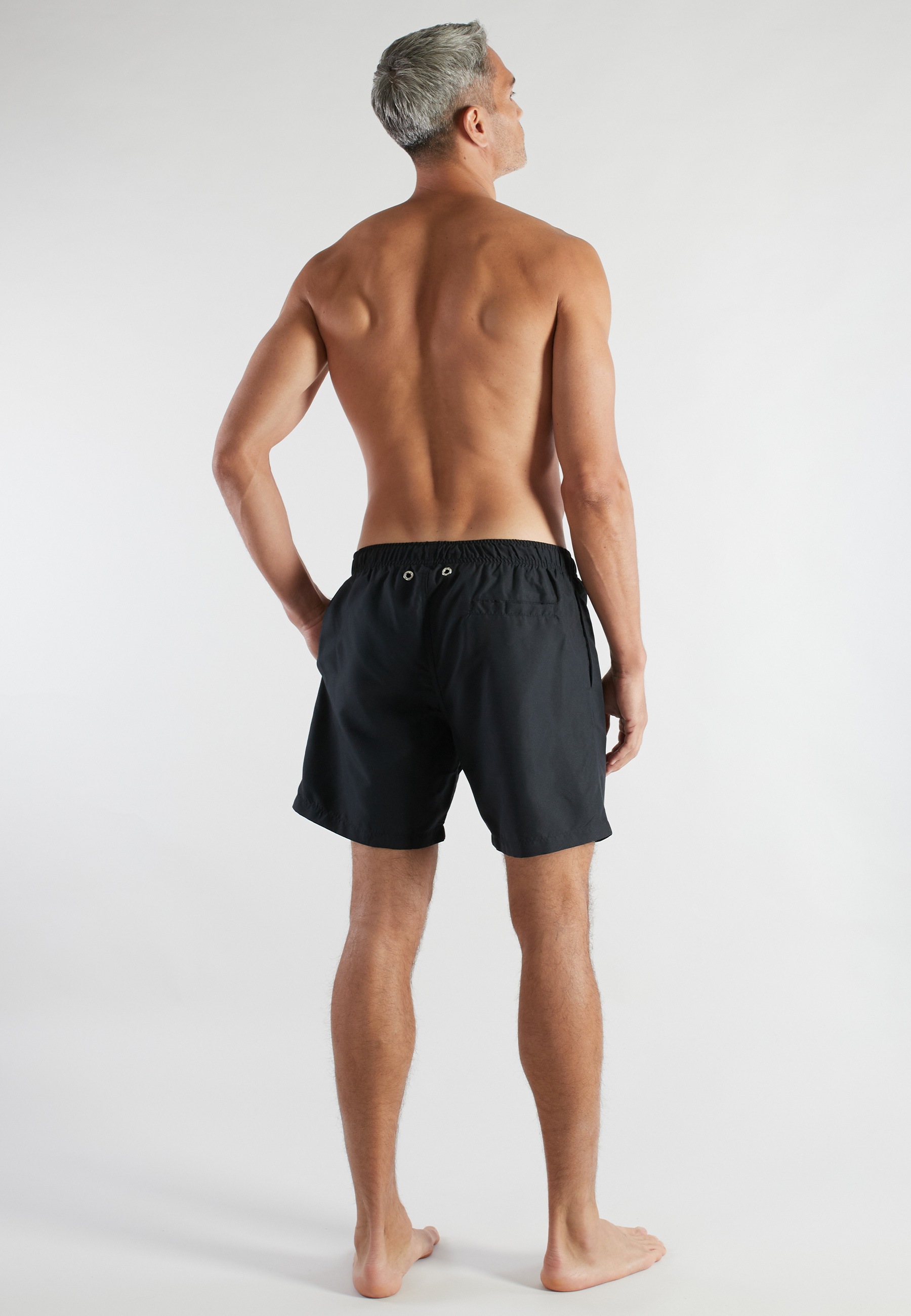 Badeshorts BUGATTI, Herren, Gr. 9, N-Gr, schwarz, dunkel, uni, Popeline, Obermaterial: 100% Polyester, Badehosen Badeshorts, basic, mit Logodruck, mit Kordelzug, bequem 3