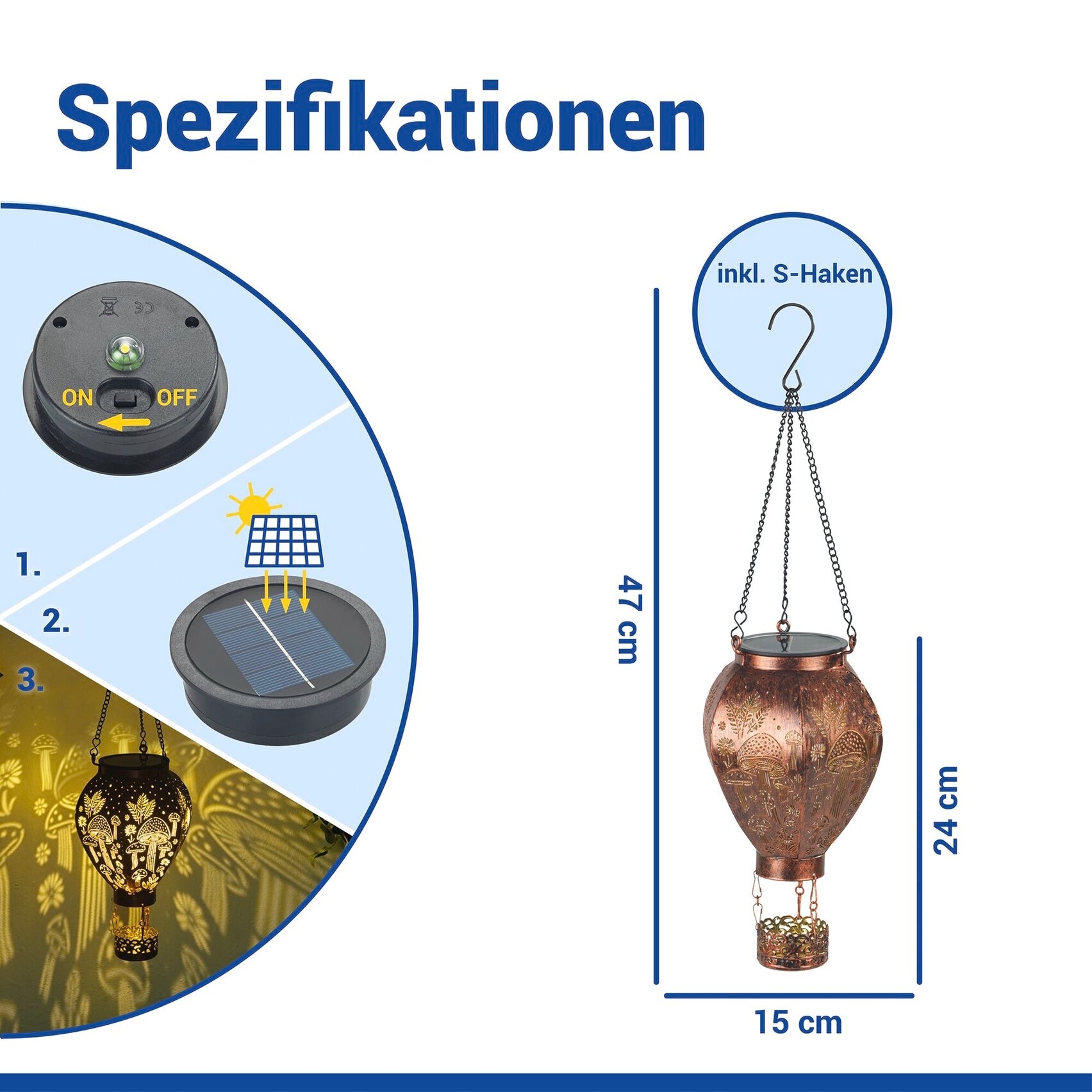 Maximex LED Gartenleuchte »Modell Heißluftballon« Warmweiß Solar-Ballon in Bronze-Optik mit Pilzmuster-Lichtprojektion