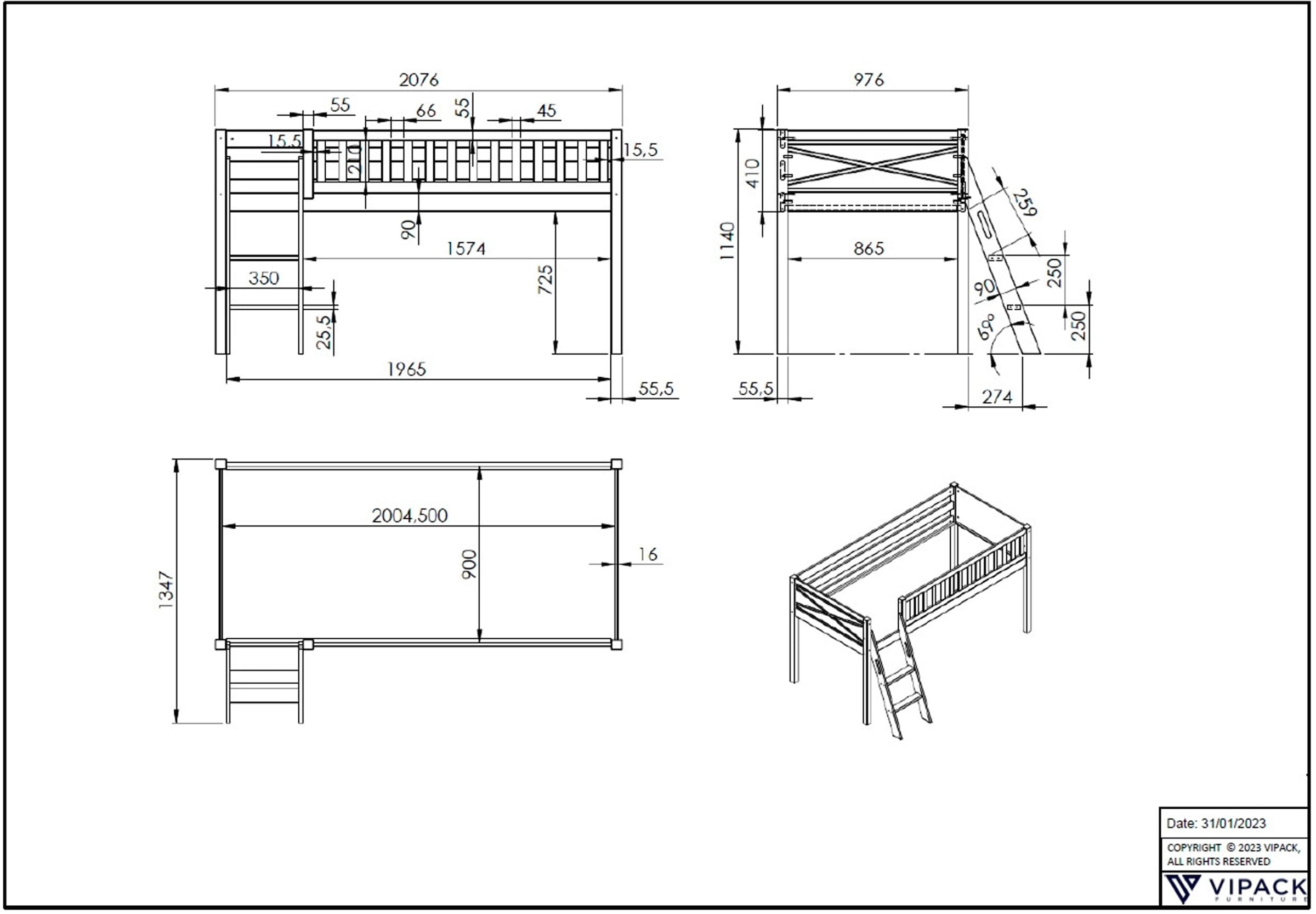 Vipack Hochbett »Scott«, (Made in Europe), mit Leiter, LF 90x200 cm, Vorhang, Tasche, Tunnel, 4 Designs