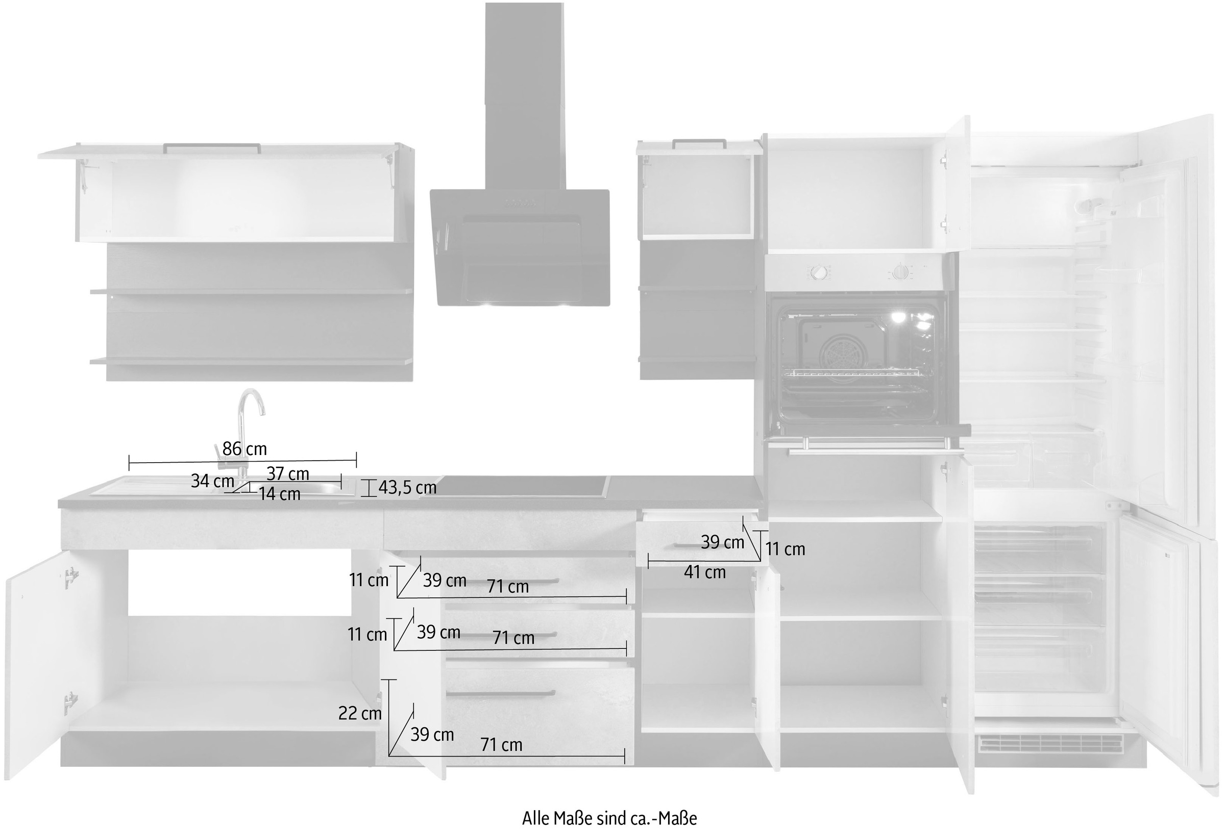 KOCHSTATION Küchenzeile »KS-Tulsa«, ohne E-Geräte, Breite 350 cm, schwarze Metallgriffe, MDF Fronten