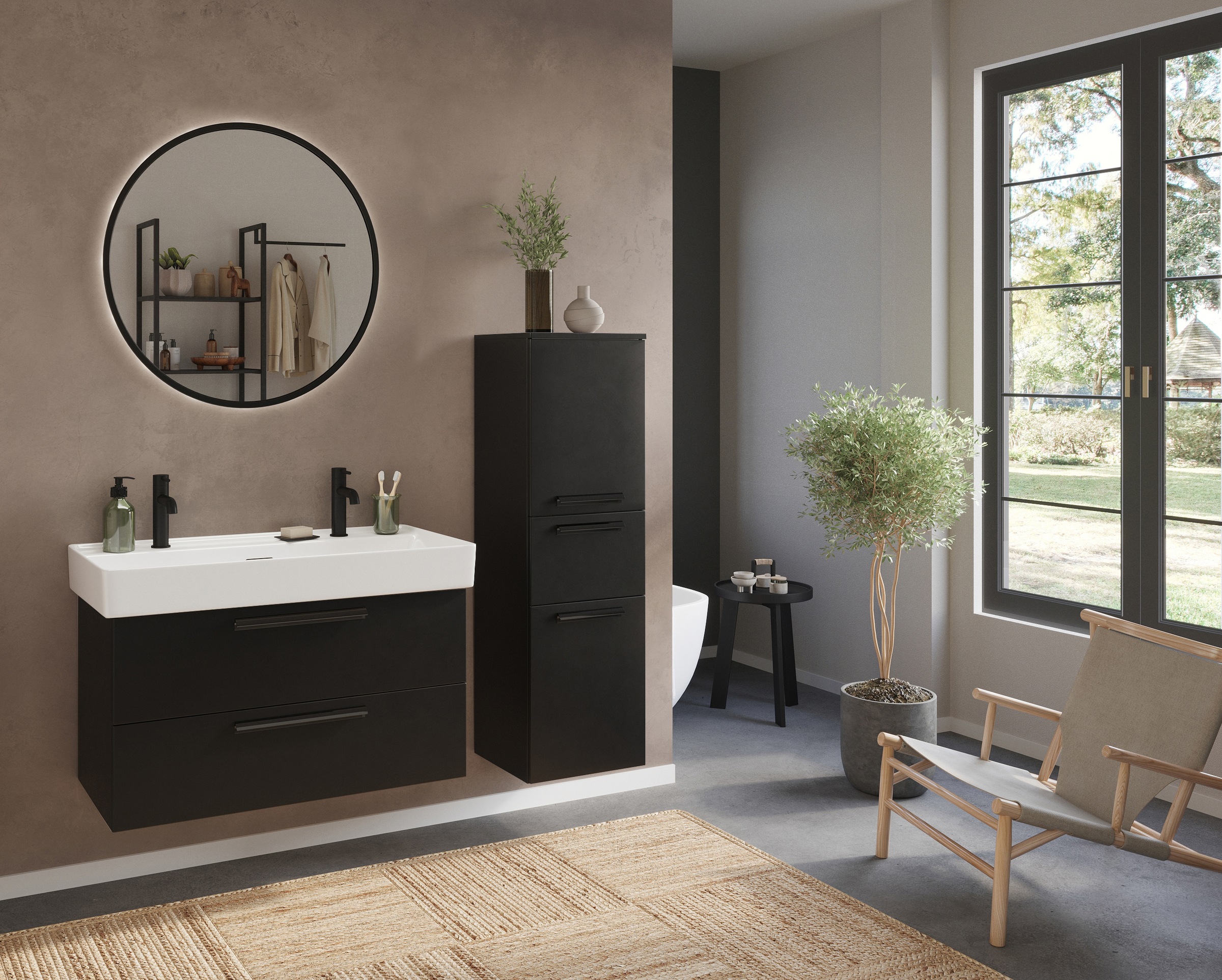 welltime Badmöbel-Set »SALVADA, 3tlg-Set, gedämpfte Scharniere, Softclose, Keramikbecken« Maße (B/T/H): 140/47,5/200 cm, 