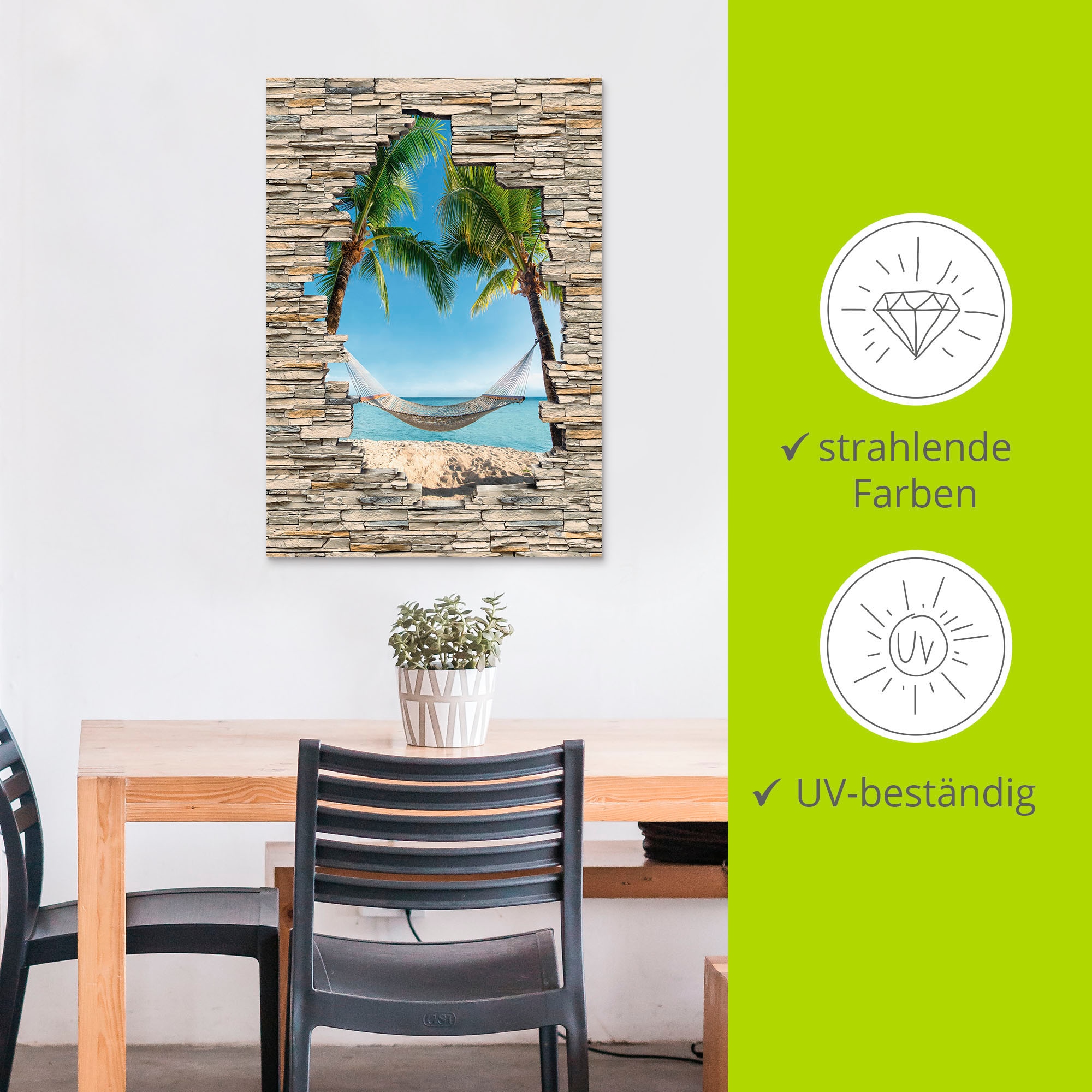 Artland Wandbild »Palmenstrand Karibik Hängematte Stein«, Karibikbilder, (1 St.), als Alubild, Outdoorbild, Poster in verschied. Größen
