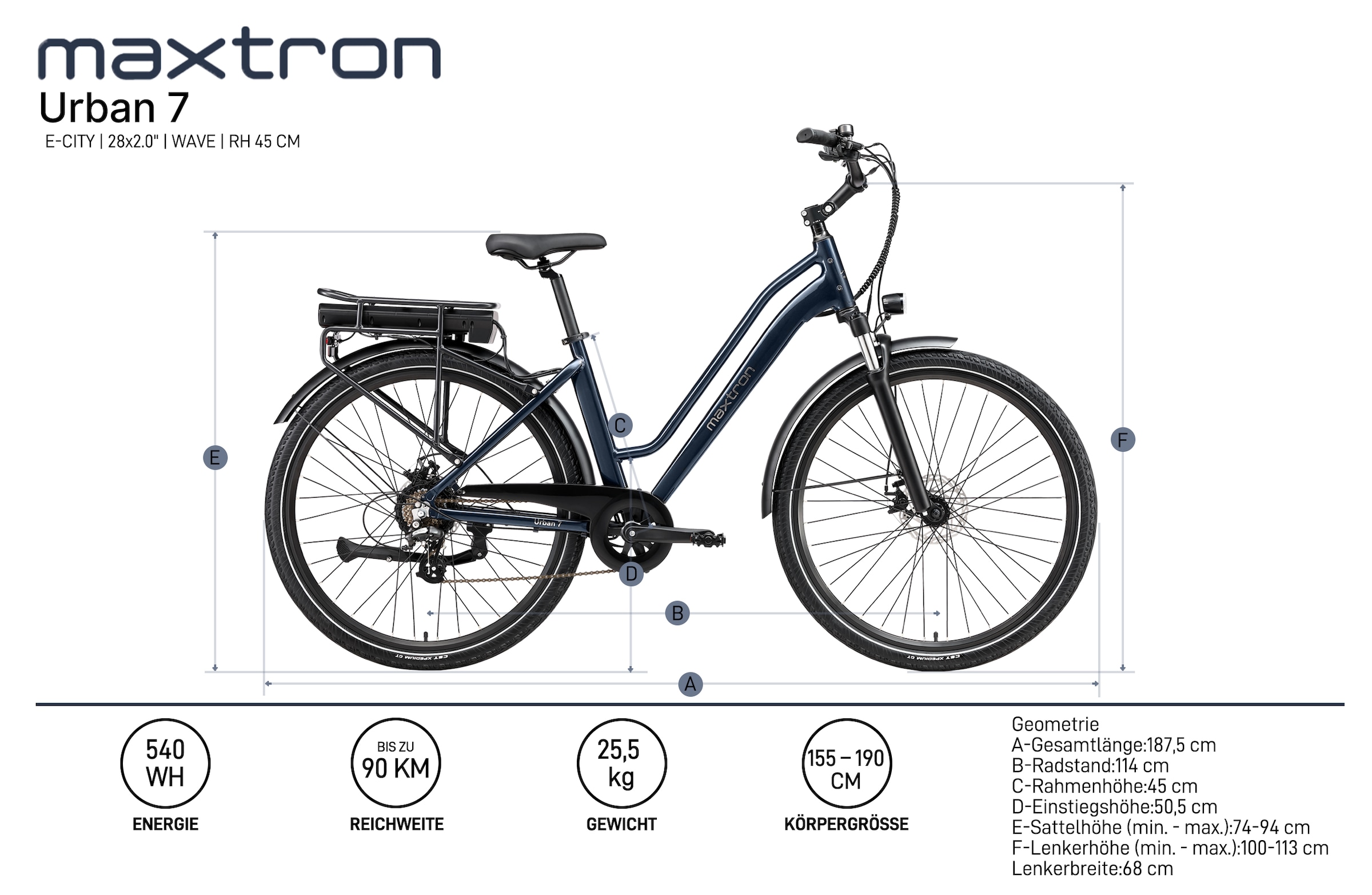 Maxtron »Maxtron Urban 7 E-Citybike 28 Zoll« 7 Gang Shimano Altus Schaltwerk Kettenschaltung Heckmotor 250 W Packung,  Tiefeinsteiger für Damen
