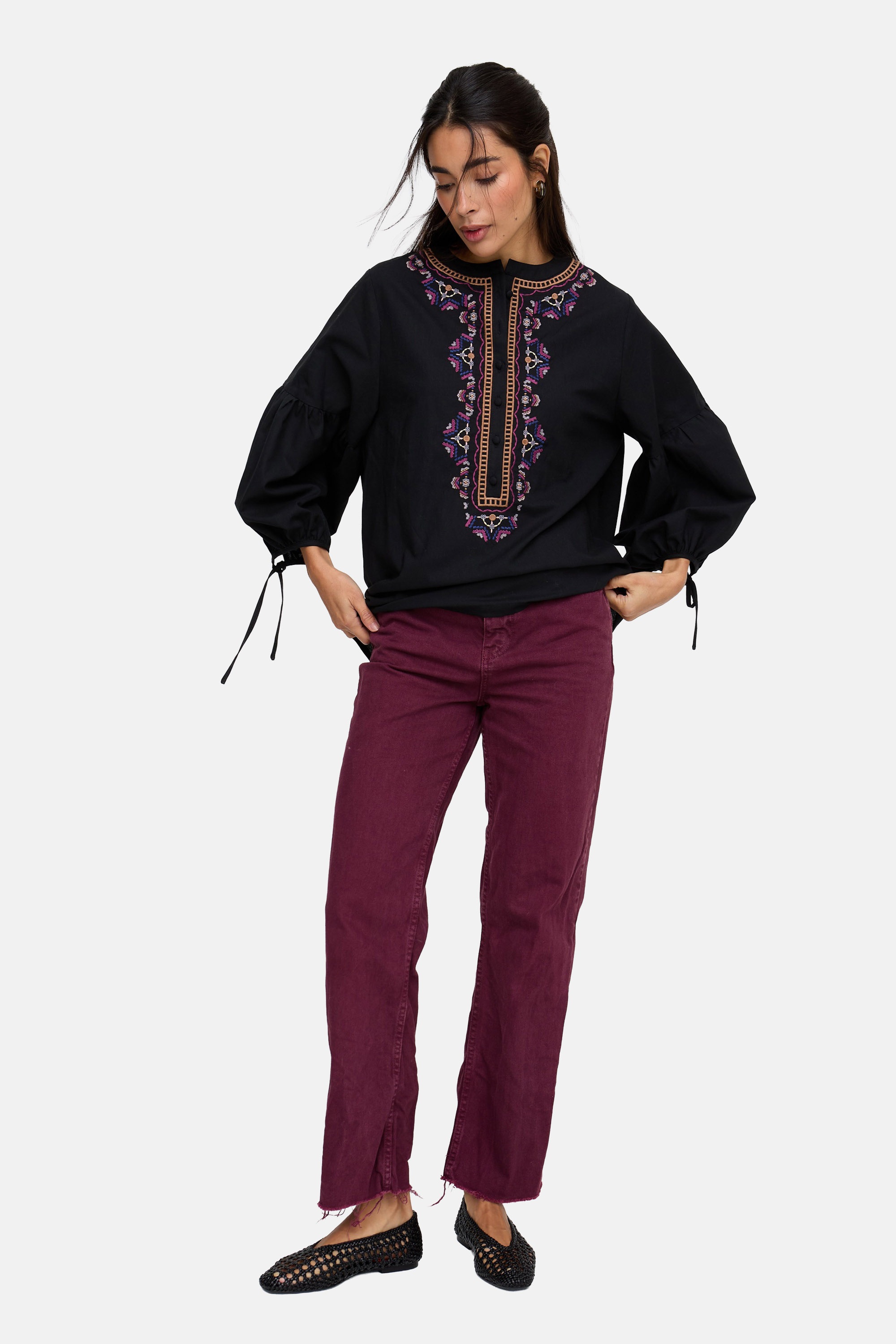 RAFFYA Hemdbluse »Anai Half Placket Embroidered Blouse Damen«