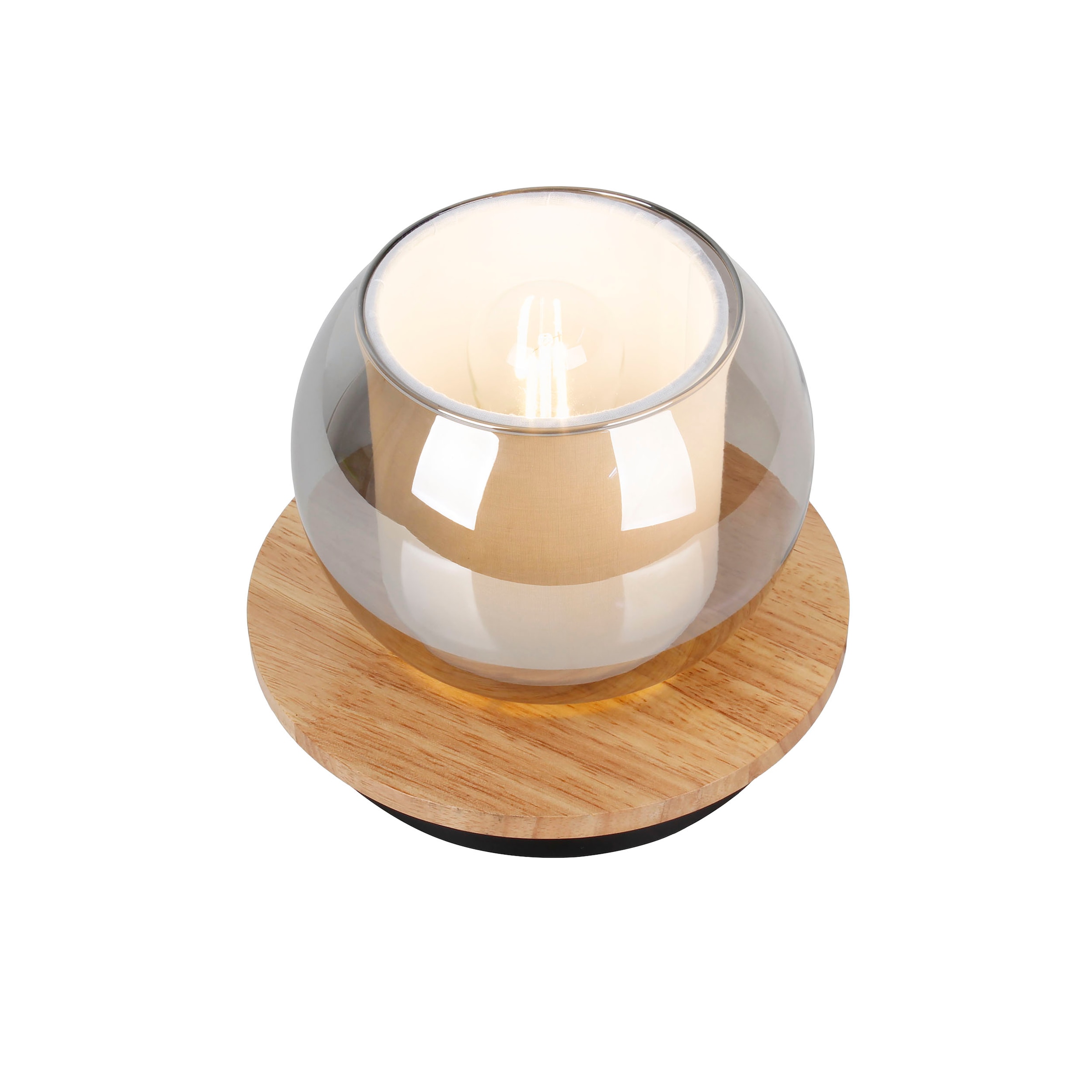 näve Tischleuchte »Texas« E27 1 Stk. Glasschirm smokey, naturfarbenes Holzdetail, 1x E27 exkl., D: 18cm