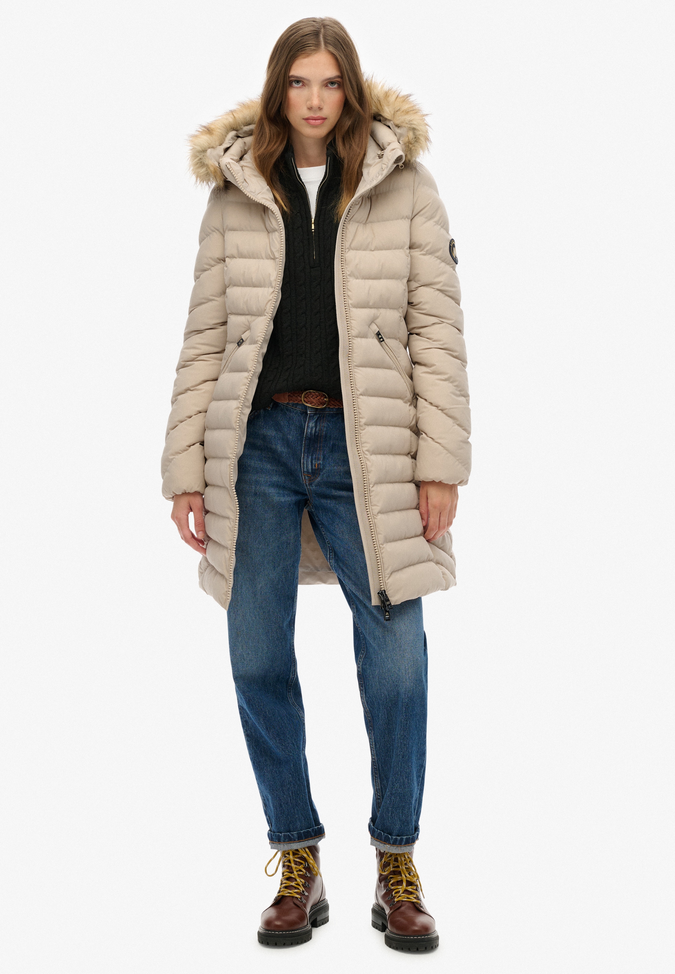 Superdry Steppjacke »FUJI FAUX FUR HOOD MID LENGTH« mit Kapuze Slim Fit, mit Reißverschluss, aus Polyester und Kunstfaser
