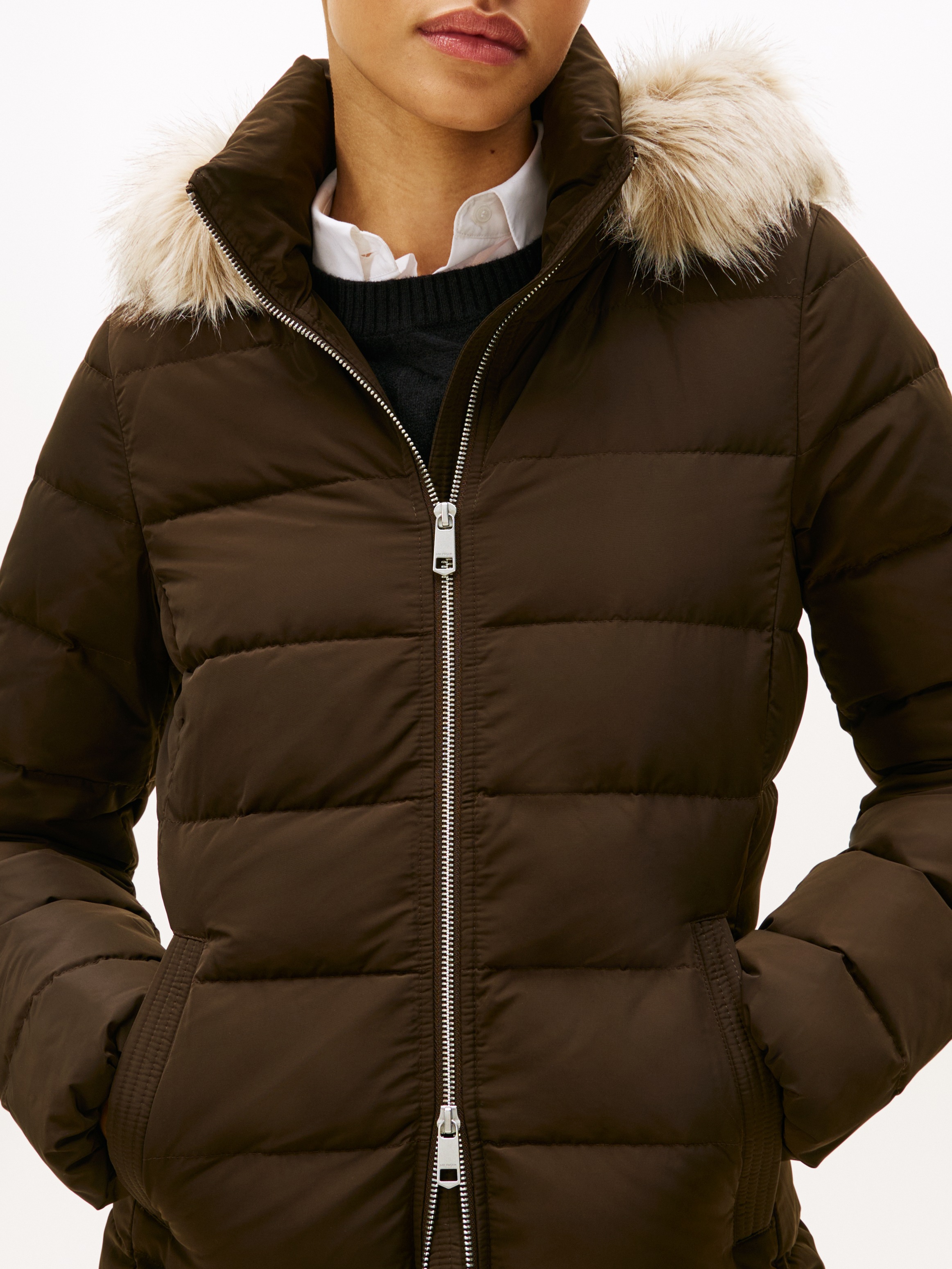 Tommy Hilfiger Steppmantel "MW DOWN SLIM COAT WITH FUR" mit Fellimitat günstig online kaufen