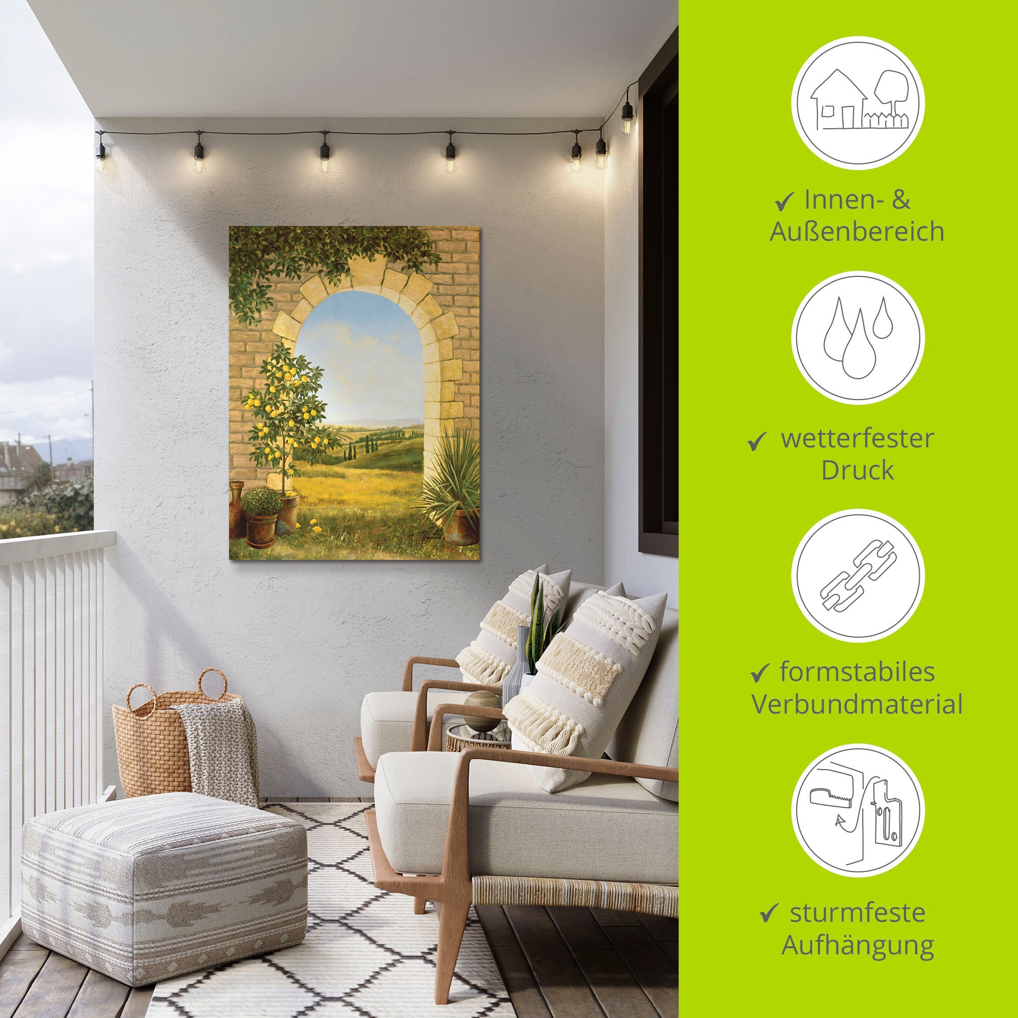 Artland Wandbild »Zitronenbaum vorm Torbogen II«, Fensterblick, (1 St.), als Alubild, Outdoorbild, Leinwandbild, Poster in verschied. Größen