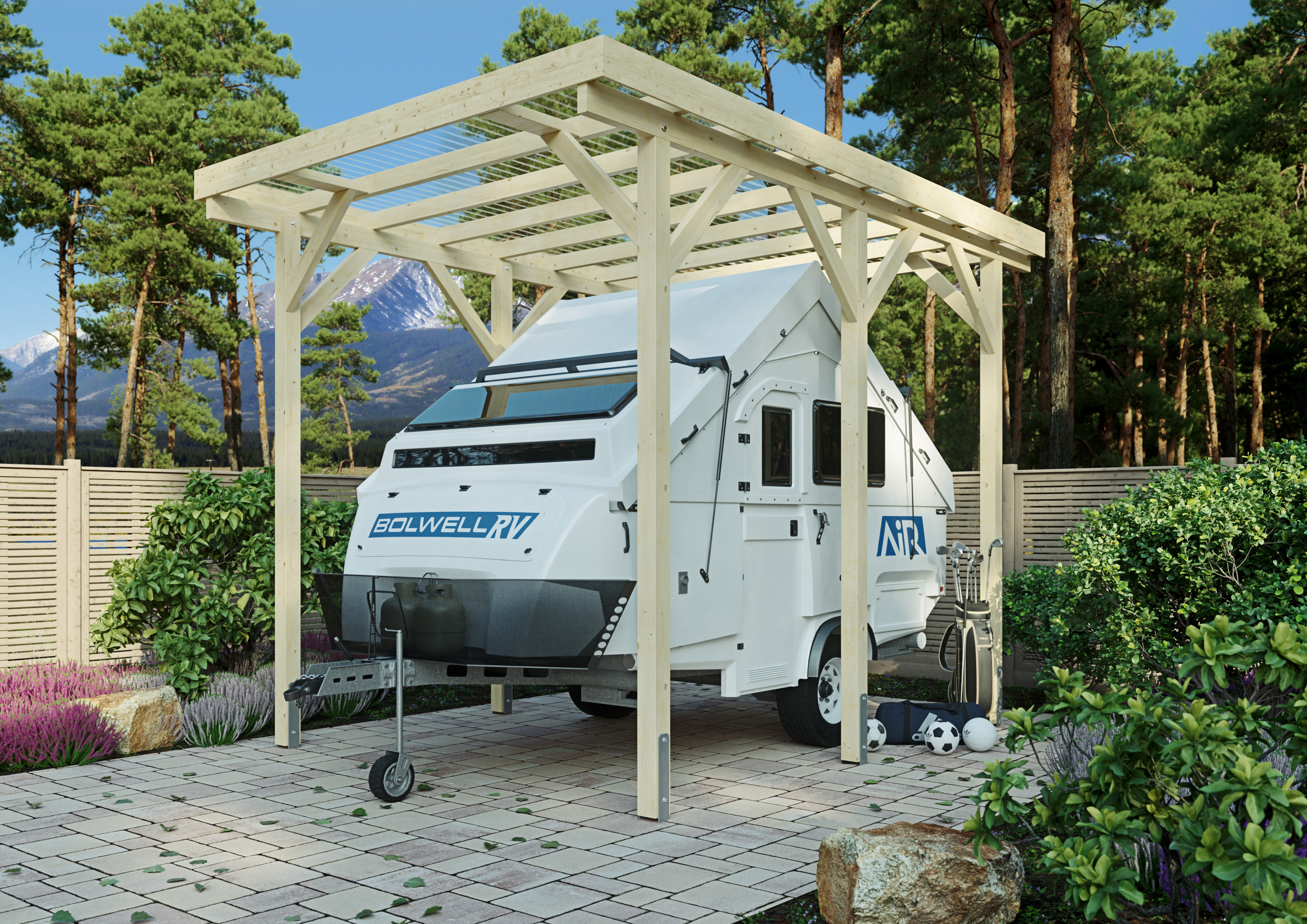 KONIFERA Einzelcarport "Neptun I" Leimholz 297 cm unbehandelt für Wohnmobile, Leimholz naturbelassen, PET-Flachdach lichtdurchlässig
