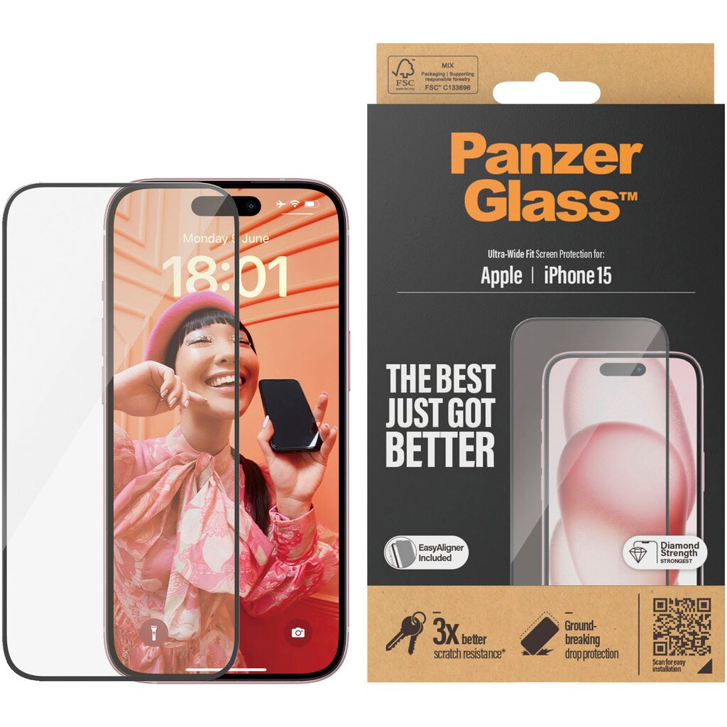 PanzerGlass Displayschutzglas »Displayschutz iPhone 15«, für iPhone 15, (1 St., Displayschutz mit Installationshilfe EasyAligner)