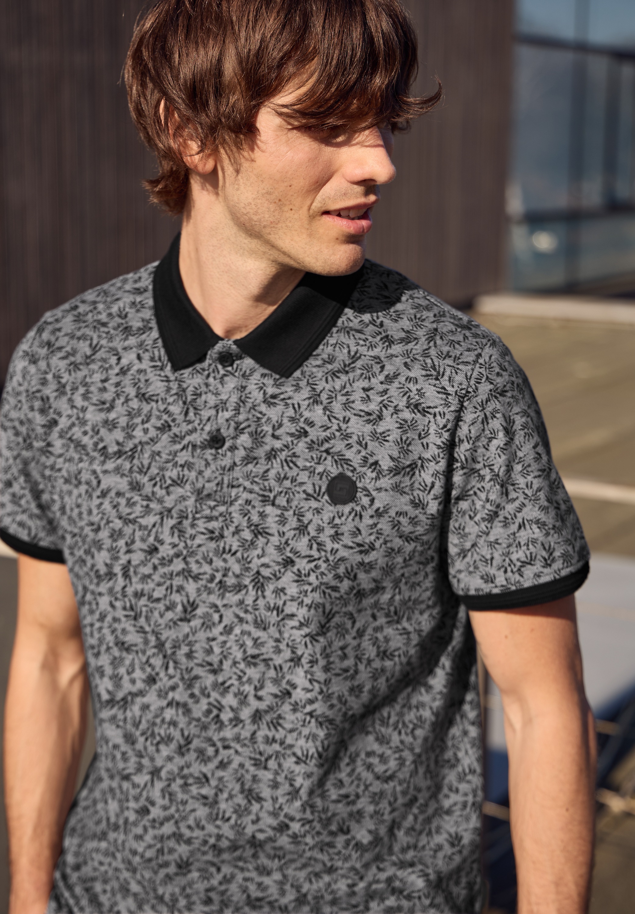 Poloshirt STREET ONE MEN, Damen, Gr. XL (44), schwarz, Web, 100% Baumwolle, gemustert, normal normal, hoch geschlossener Ausschnitt, abgesteppt, Shirts, aus reiner Baumwolle