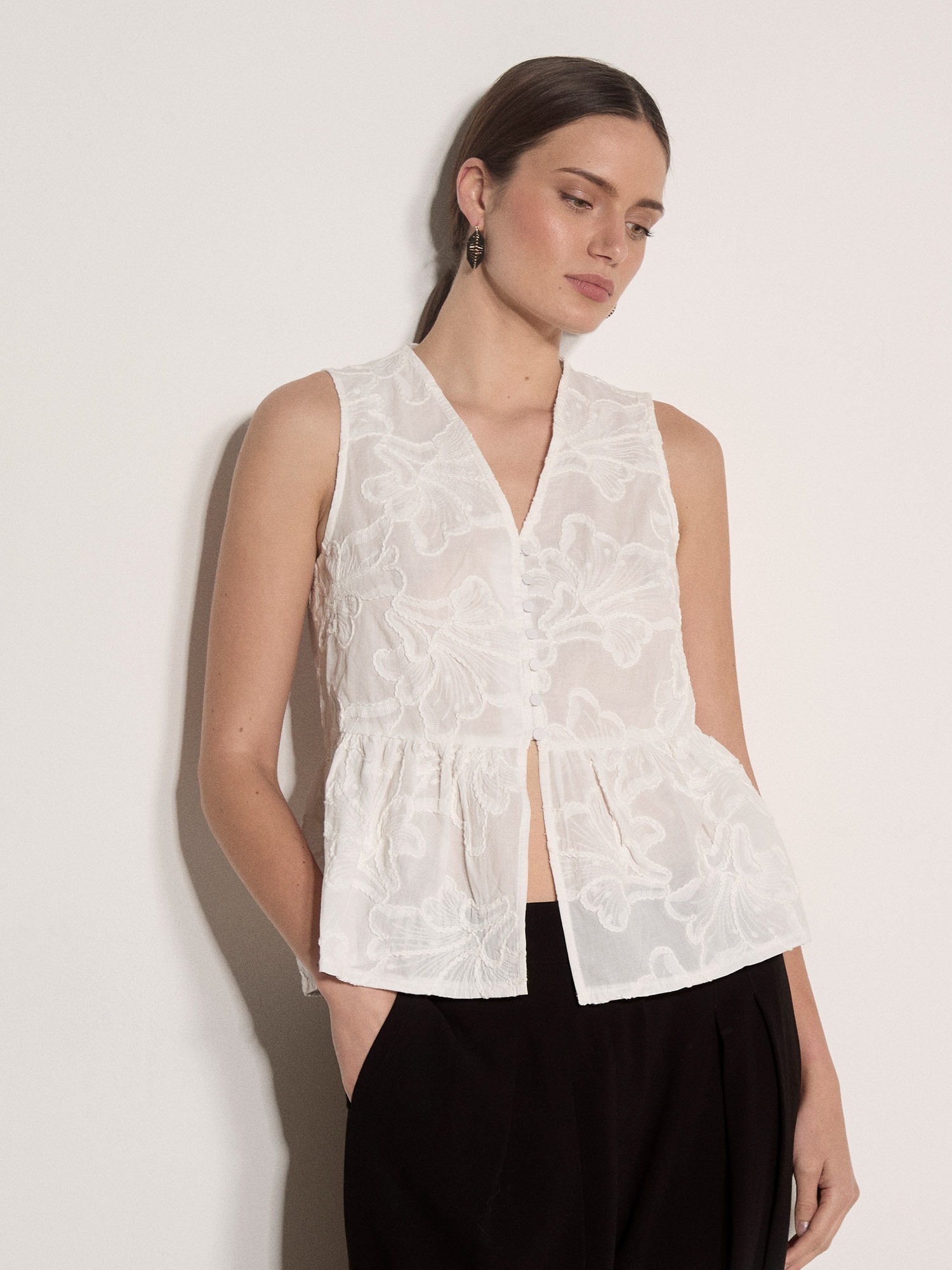 Apricot Blusentop "Peplum-Oberteil" mit Blumenstickerei