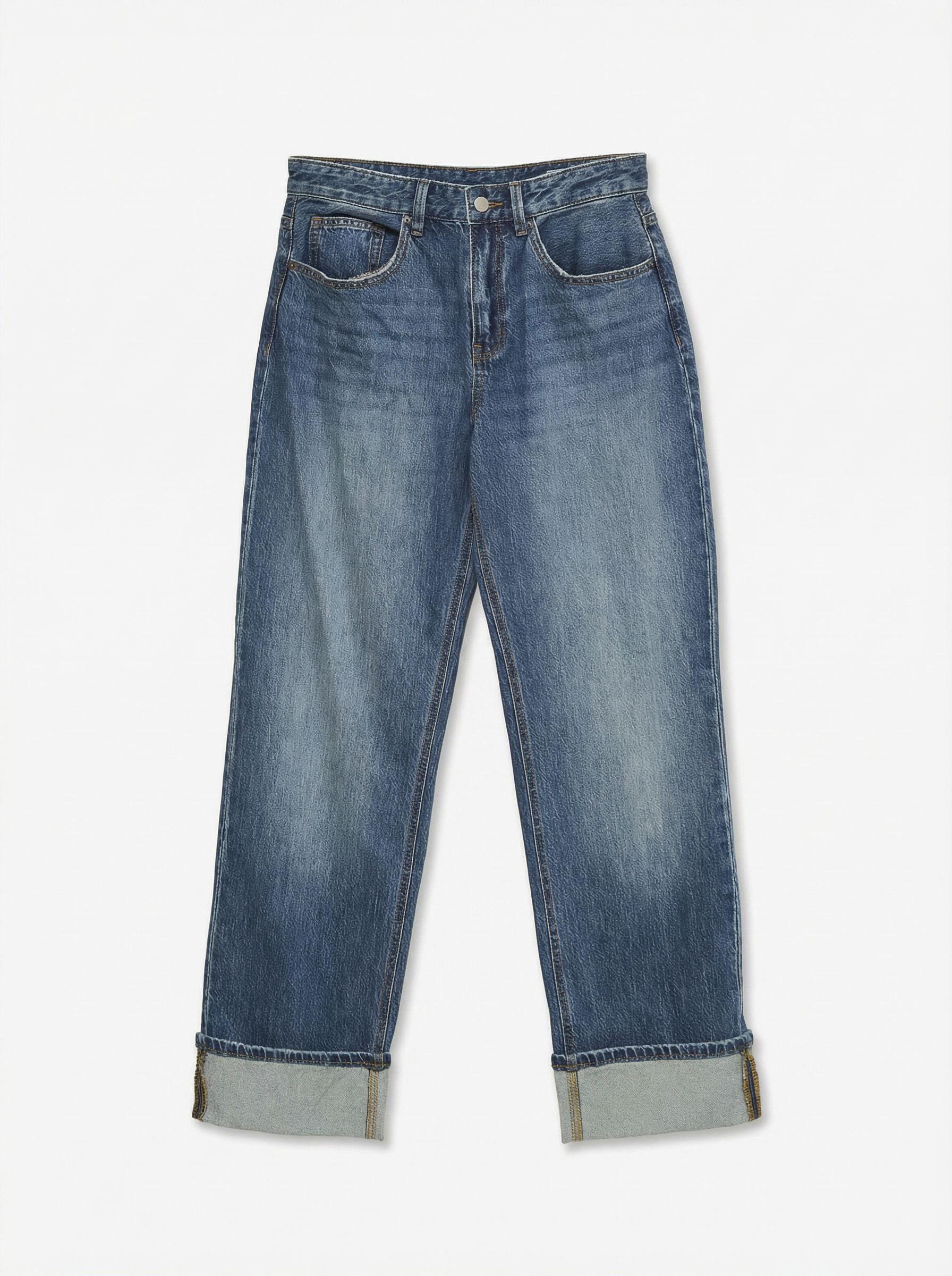 Vero Moda Straight-Jeans "VMCOLINE MR STRA. FOLD UP DNM JNS LI3204" Baumwollmischung, oversize, sanft gewaschener dunkler Denim-Look