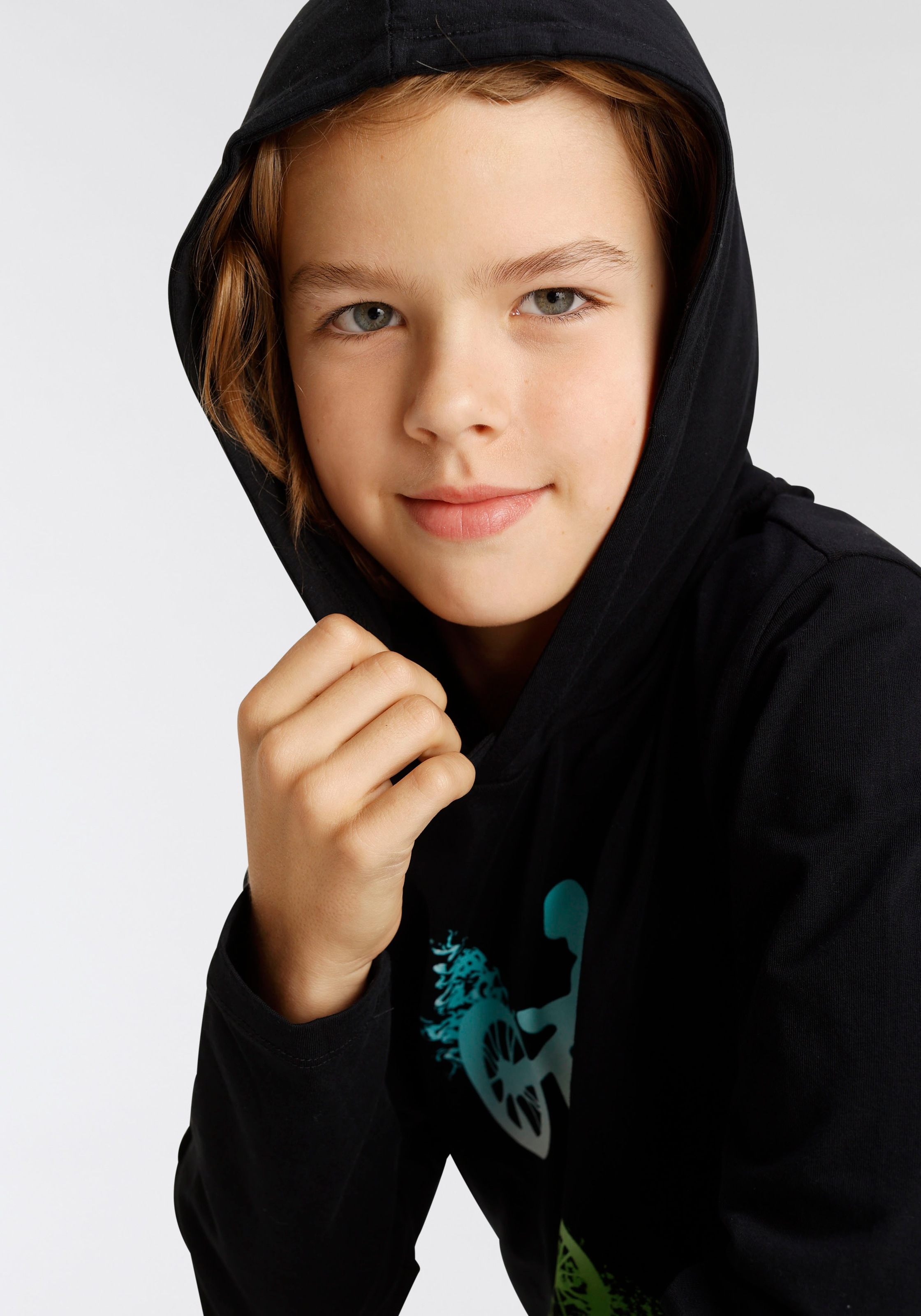 Thumbnail - KIDSWORLD Kapuzenshirt "BIKER" Langarm, sportlicher Stil, mit trendigem Druck, aus Baumwolle