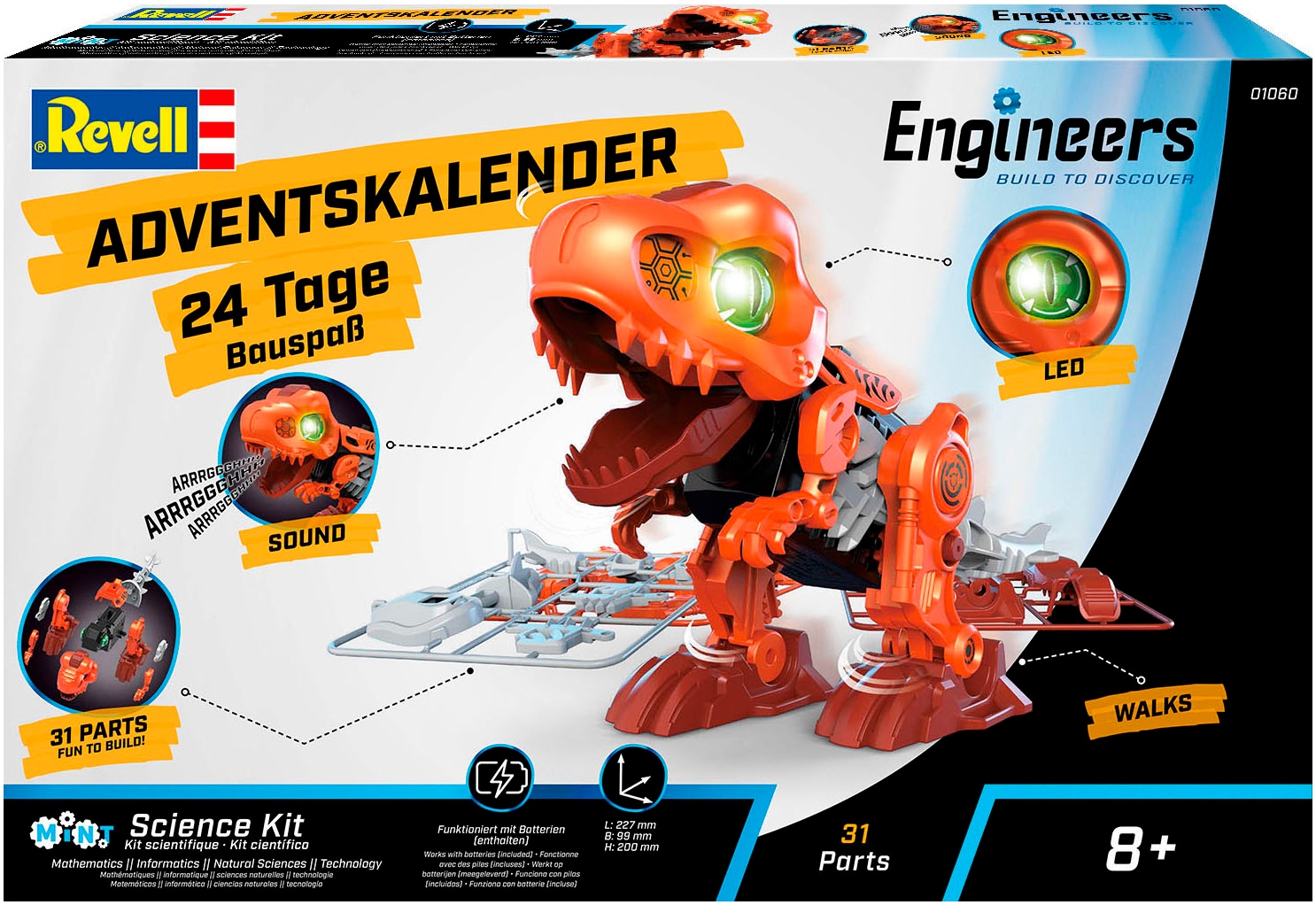 Revell® Spielzeug-Adventskalender »Engineers „Electric T.Rex“, zum Bauen, Forschen und Entdecken«, ab 8 Jahren, mit Licht und Sound