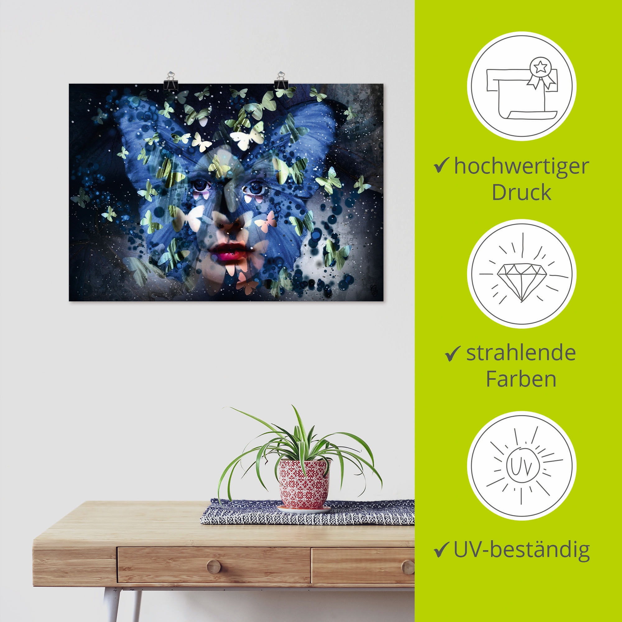 Artland Alu-Dibond-Druck »Fräulein Schmetterling«, Schmetterlinge, (1 St.), für Innen- und Außenbereich geeignet, Outdoorbild