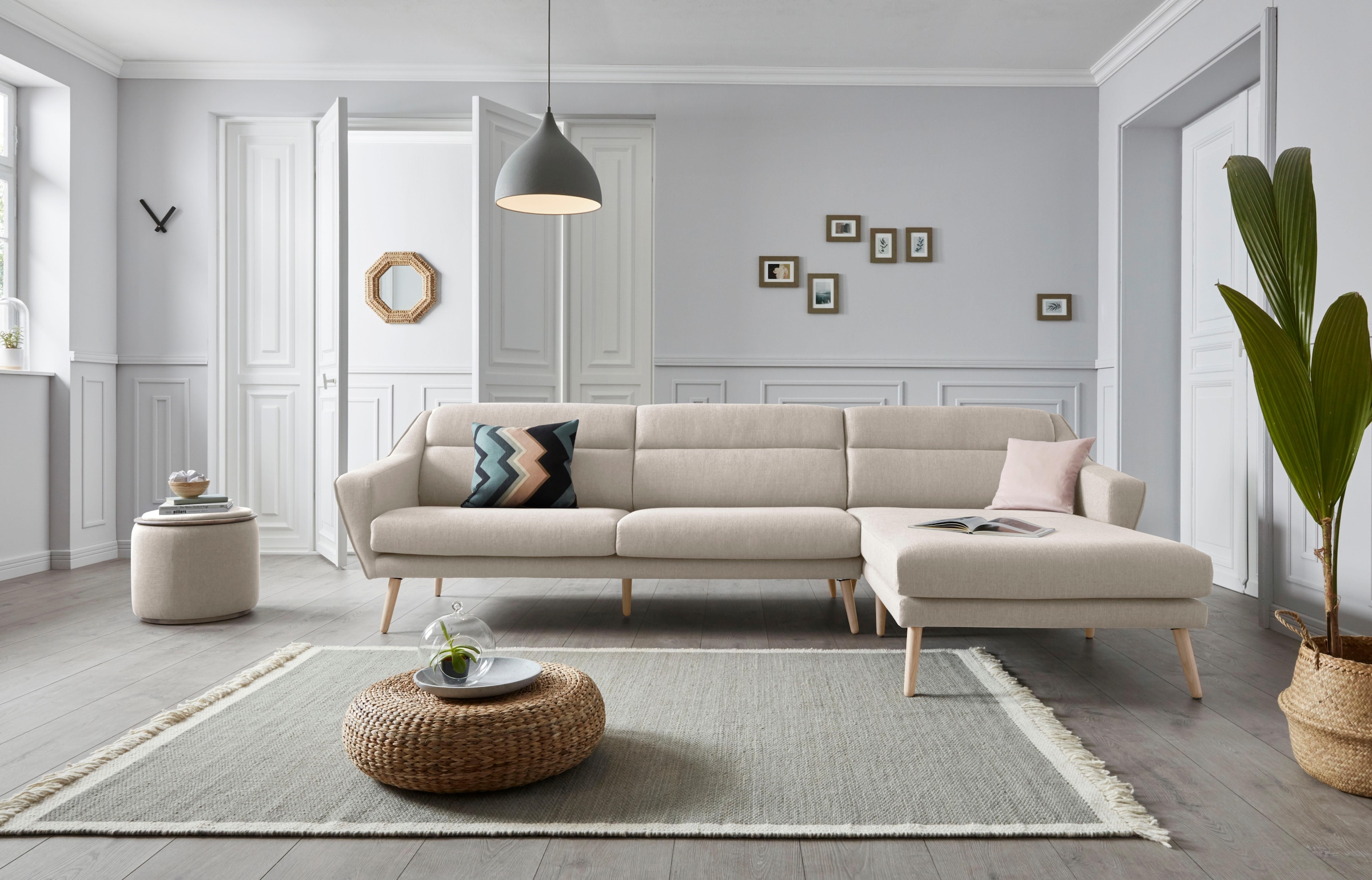 OTTO home Ecksofa »Bille L-Form« mit Naht im Rückenkissen und Beinen aus Eichenholz