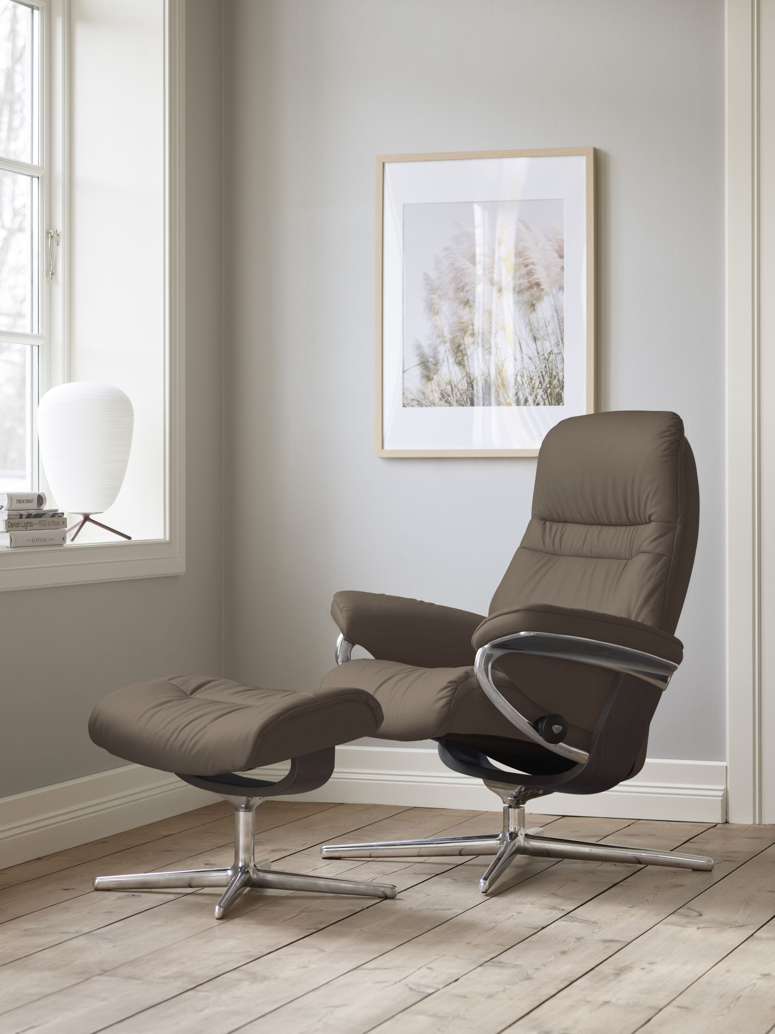 Stressless Relaxsessel "Sunrise" Set, Relaxsessel mit Hocker, mit Hocker, mit Cross Base, Größe S, M & L, Holzakzent Wenge