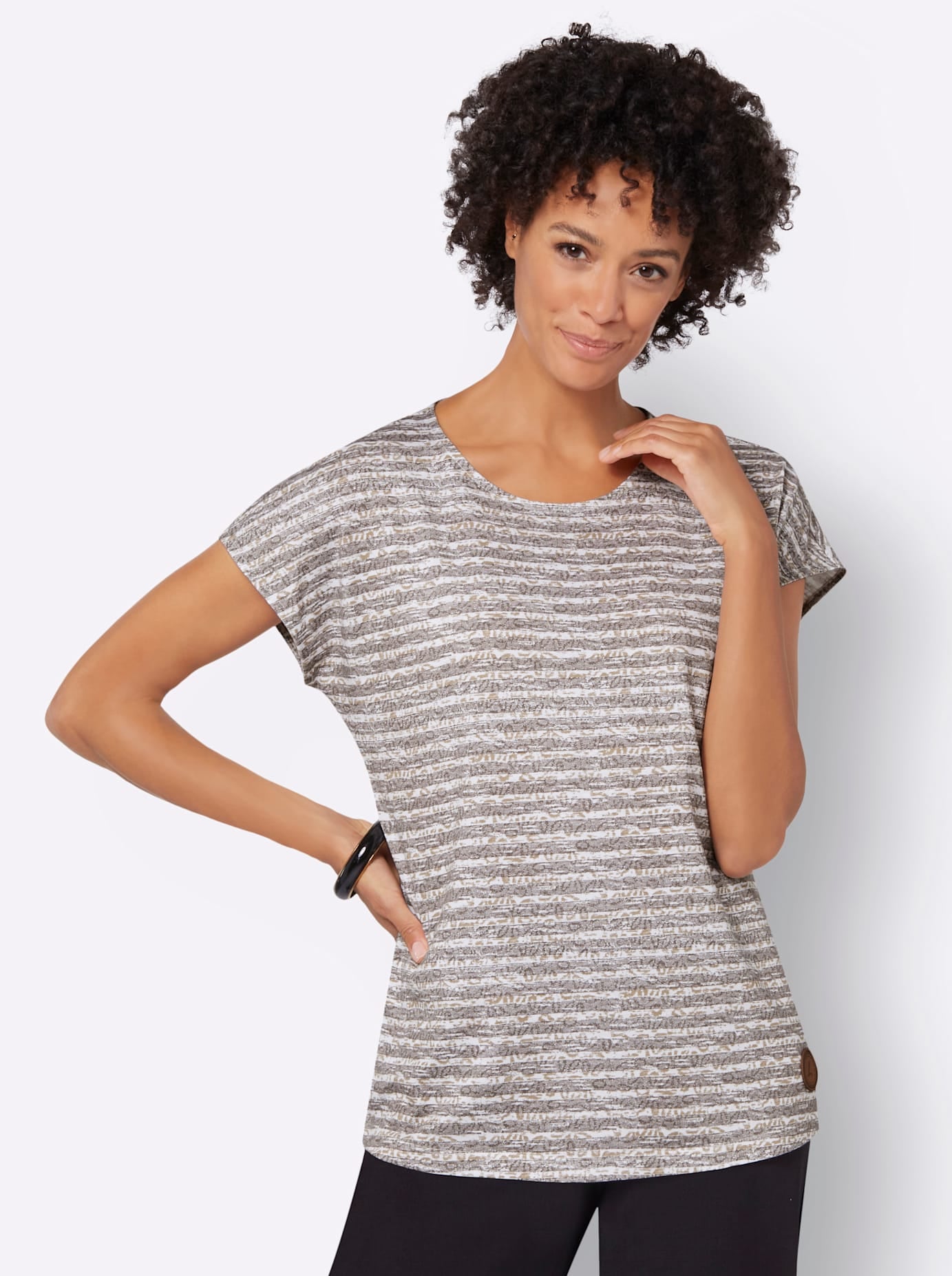 Kurzarmshirt CASUAL LOOKS "Shirt", Damen, Gr. 40, grau (taupe, ecru, geringelt), 50% Baumwolle, 50% Modal, gemustert, mehrfarbig, Rundhals, Shirts