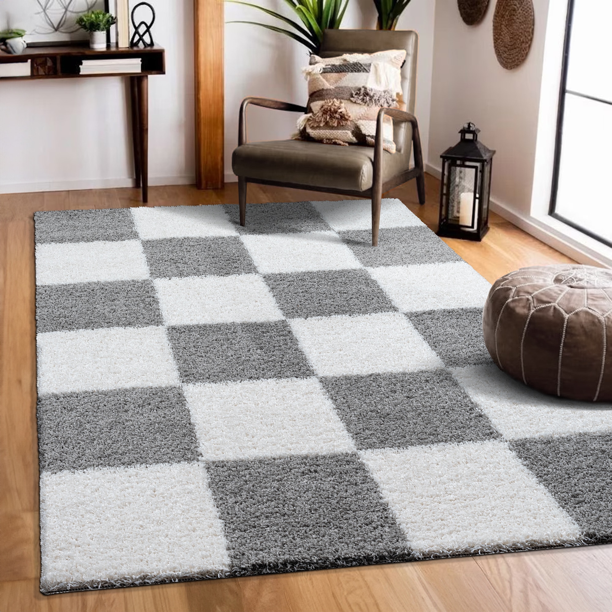 Sanat "Milano 1250, auch als Läufer und in Rund" rechteckig 30 mm Höhe Hochflor, Shaggy, Karo, Wohnzimmer, Schlafzimmer