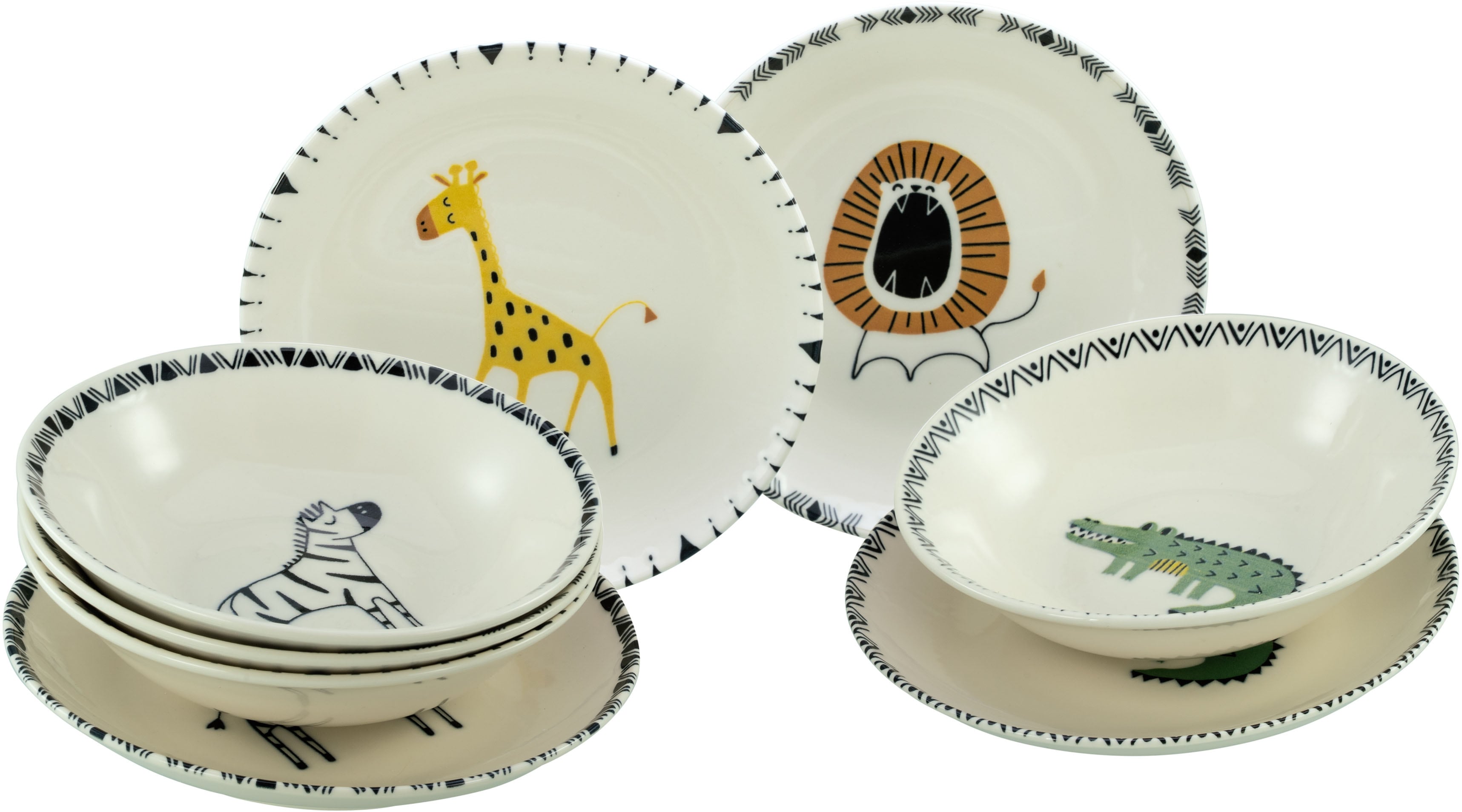 CreaTable Teller-Set "Safari Bunt, Teller Set 8-tlg." gezeichnete Tiermotive, skandinavischer Stil, Ethno-Style Motive