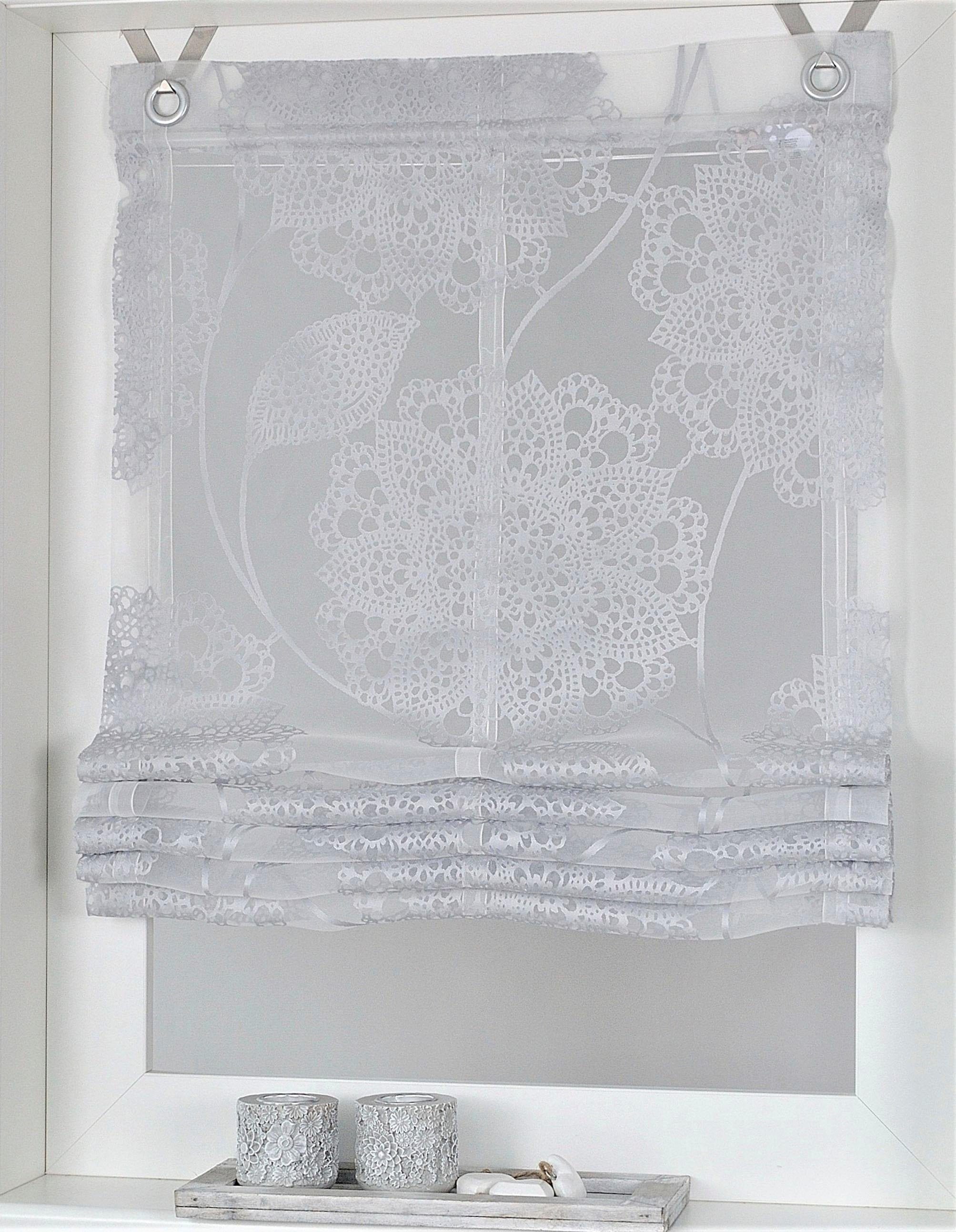 Kutti Raffrollo Hakenaufhängung, mit | Fensterhaken freihängend, bedruckt, transparent, »Merle«, Spitze, mit BAUR grau, Ausbrenner