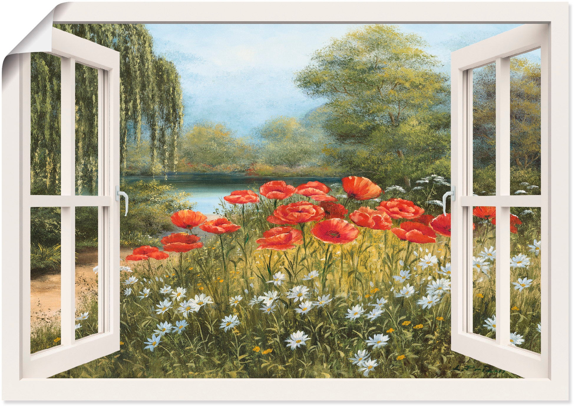 Poster Artland Fensterblick, in »Fensterblick als BAUR | Größen Leinwandbild, versch. St.), Wandbild Wandaufkleber bestellen Mohnwiese«, oder (1