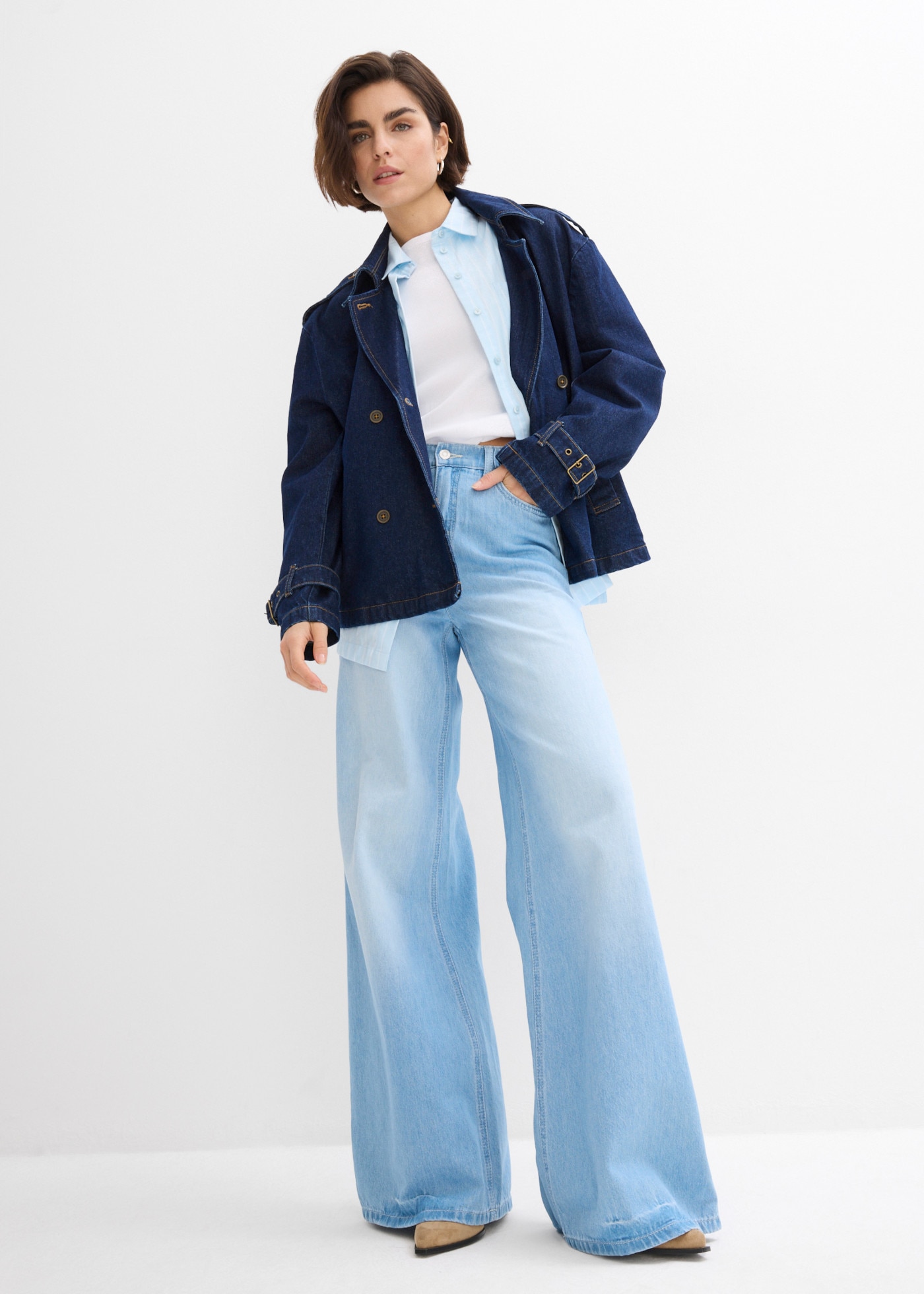 bonprix Weite Jeans weite Passform, 5-Pocket-Design, elastischer Bequembund, hohe Bundhöhe