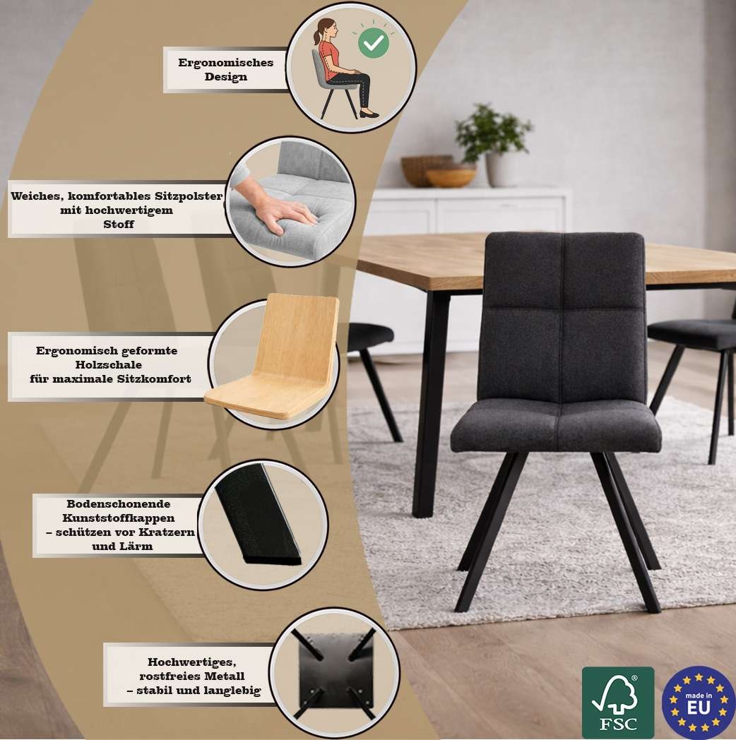 Home affaire Esszimmerstuhl »Mia Essstuhl, Wohnstuhl, Polsterstuhl, 4-Fußstuhl« (Set) 2 Stk.mit schwarz pulverbeschichteten Metallbeinen, gepolstert, modern