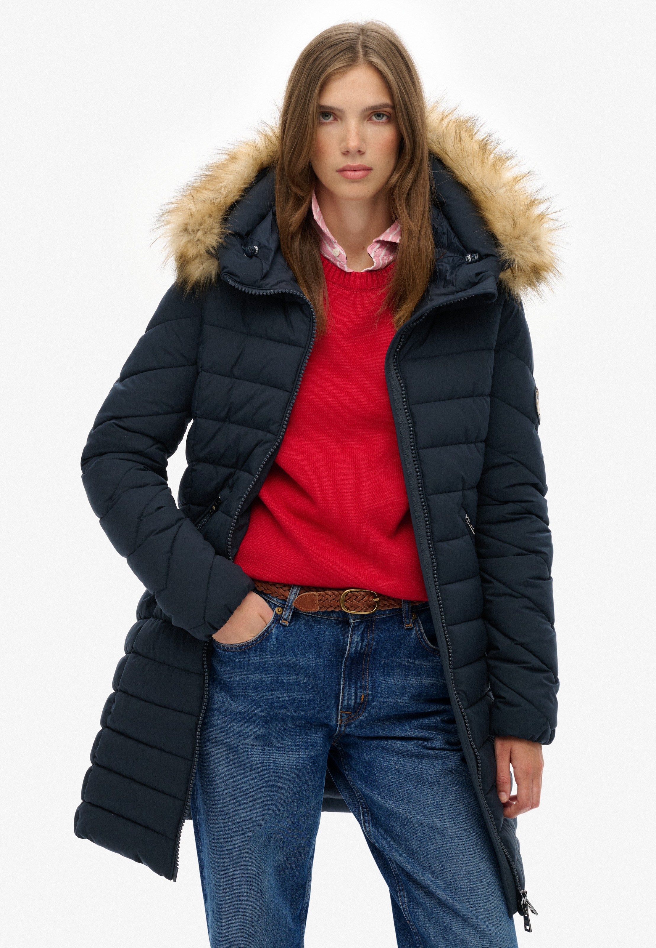 Superdry Steppjacke »FUJI FAUX FUR HOOD MID LENGTH« mit Kapuze