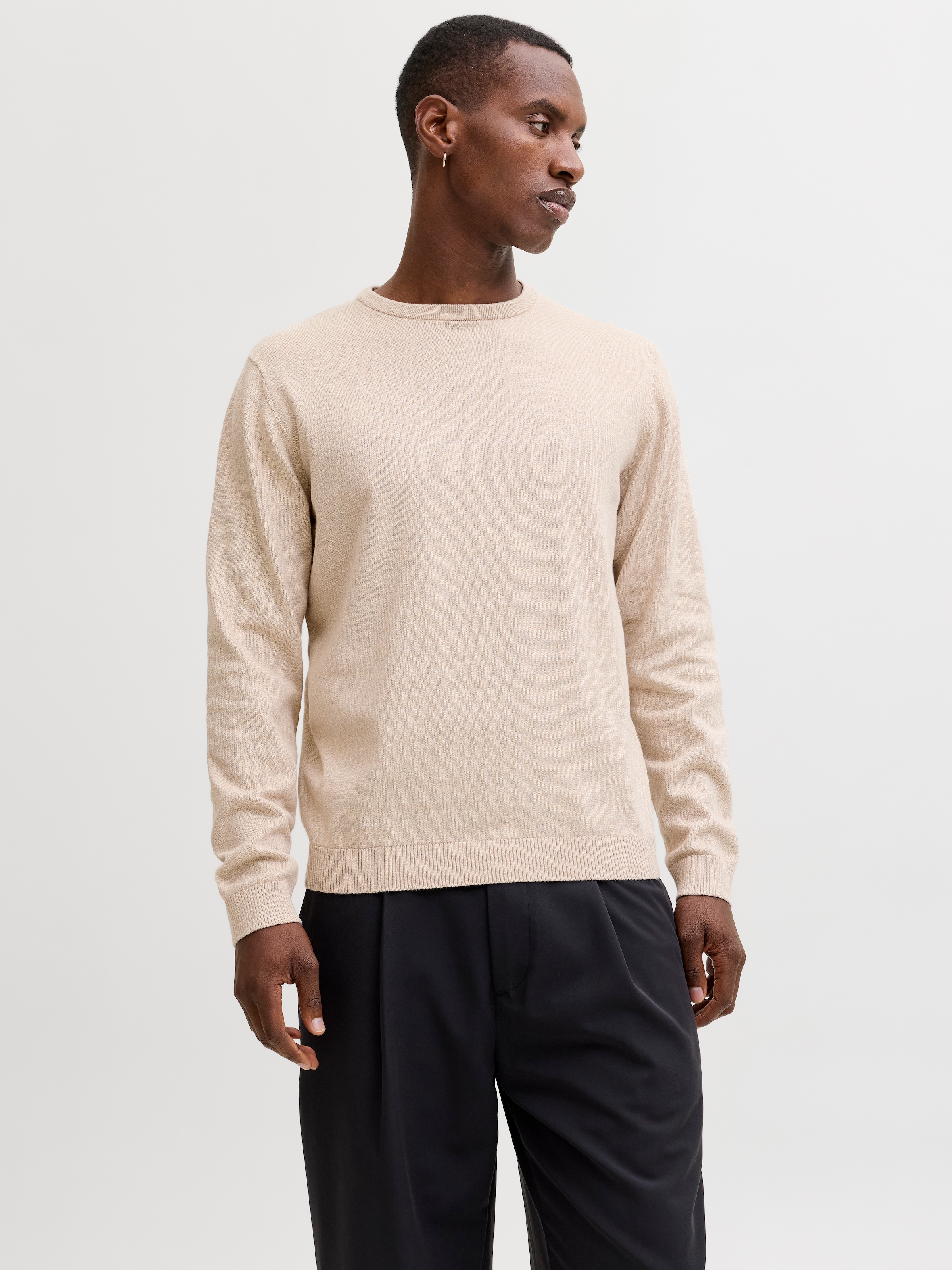 Rundhalspullover JACK & JONES "JJEBASIC KNIT CREW NECK NOOS", Herren, Gr. M, moonbeam detail:twisted, Strick, Obermaterial: 100% Baumwolle, unifarben, regular fit normal, Rundhals, Rippbündchen, Pullover Rundhalspullover, Baumwolle, regular fit