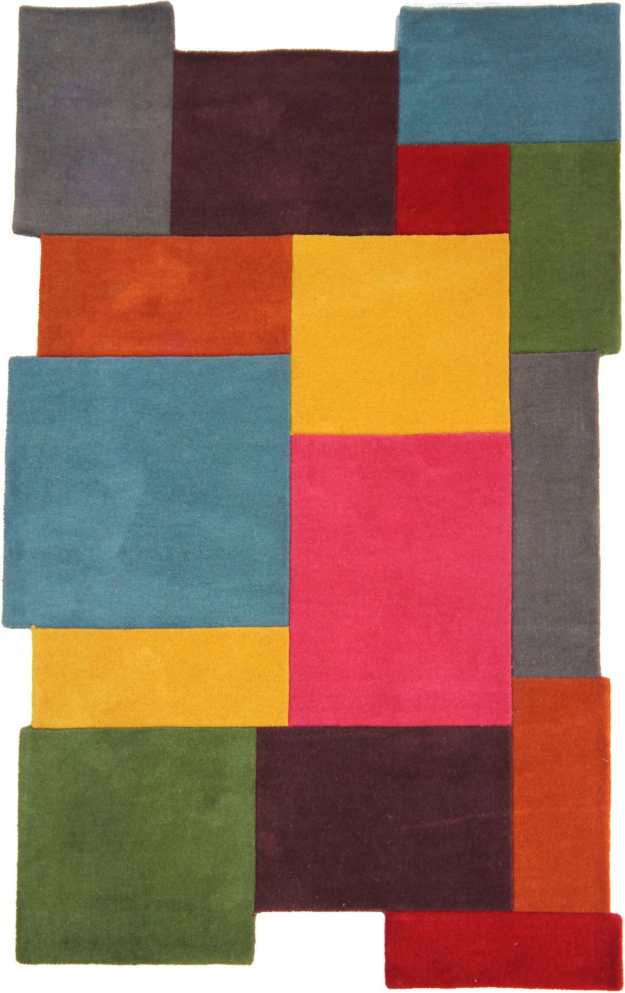 FLAIR RUGS Wollteppich »Abstract Collage«, rechteckig, 100% Wolle, Karo Design, Patchwork, modern, mehrfarbig