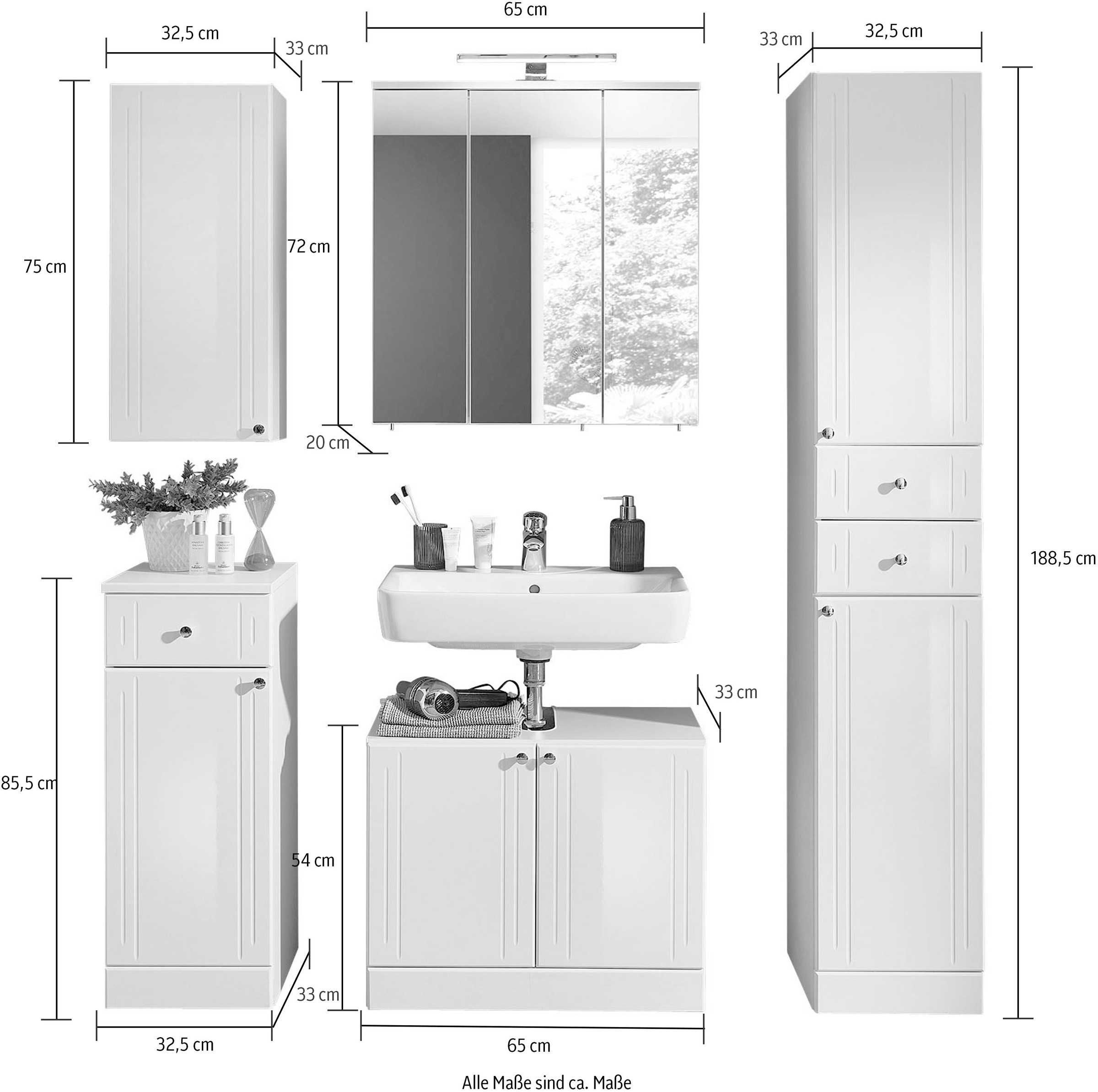 Saphir Badmöbel-Set »Quickset 955 5-teilig, Waschbeckenunterschrank und LED-Spiegelschrank«, (Set, 5 St.), in Weiß Hochglanz, Badmöbel ohne Waschbecken, 9 Türen, 3 Schubladen