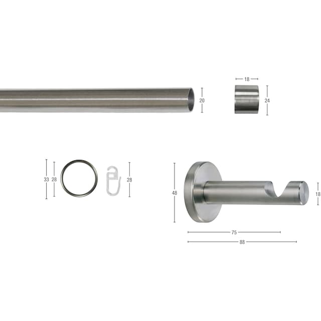 verlängerbar, GARESA BAUR optik Gardinenstange | »CHAPEAU«, einfache Montage, 1 Wunschmaßlänge, Vorhanggarnitur, läufig-läufig, edelstahl
