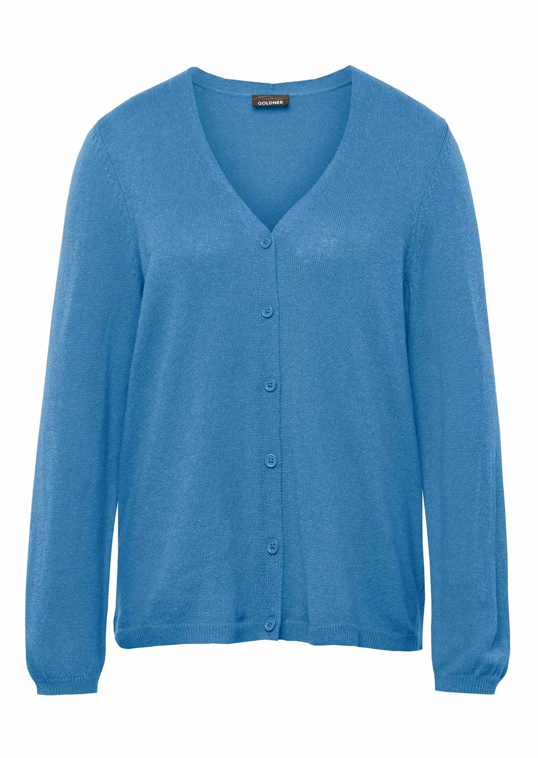 Strickjacke GOLDNER "Kurzgröße Kaschmirstrickjacke mit V-Ausschnitt", Damen, Gr. 21, blau (atlantikblau), Obermaterial: 100% Kaschmir WS., Rippe, Strickjacken Strickjacke, Ohne