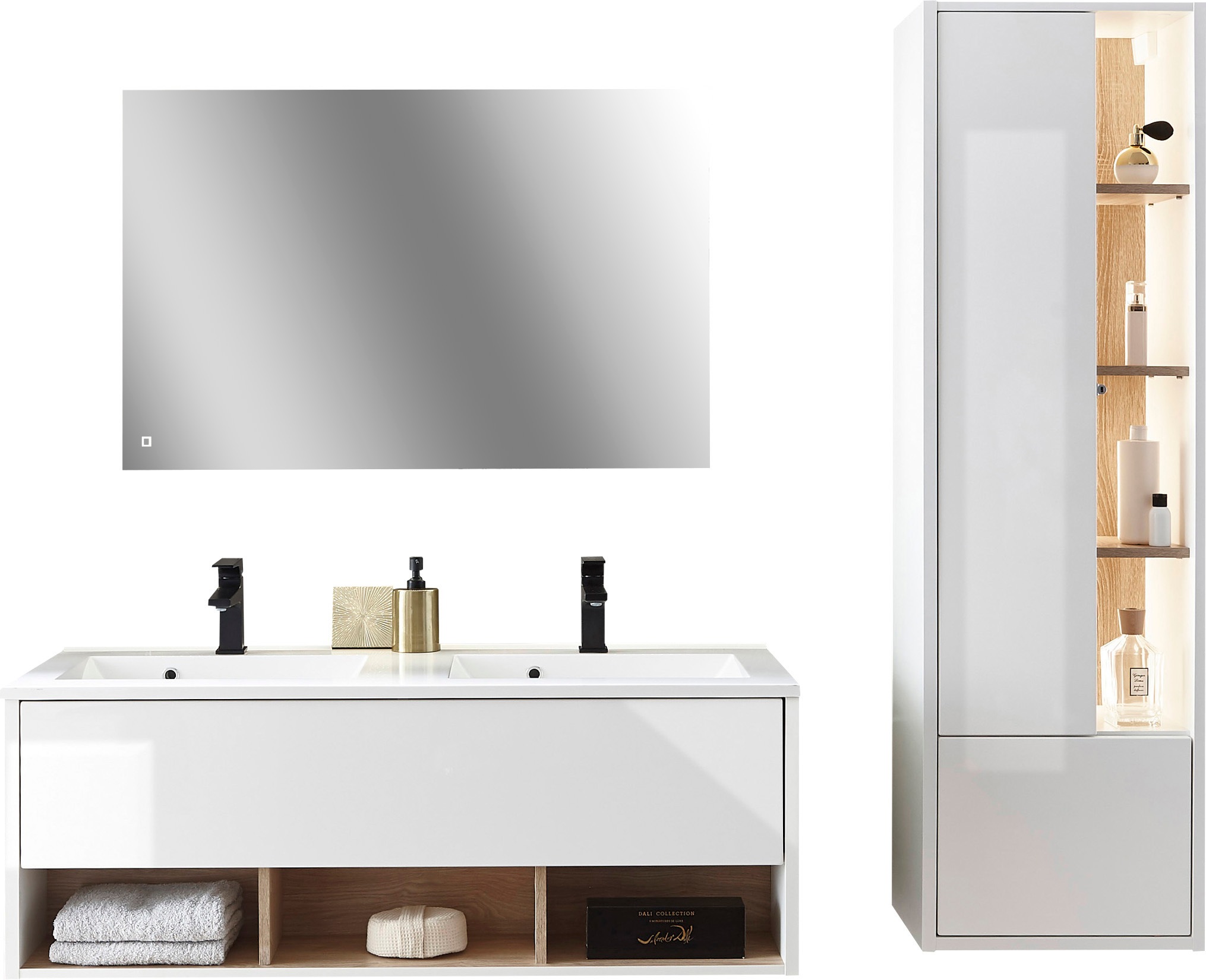 Places of Style Badmöbel-Set »Studio Line, Bad im modernen Design, 3-teiliges Badezimmer«, (3 St.), Schrank, Waschtisch und Spiegel, in zwei Farben verfügbar, Stauraum