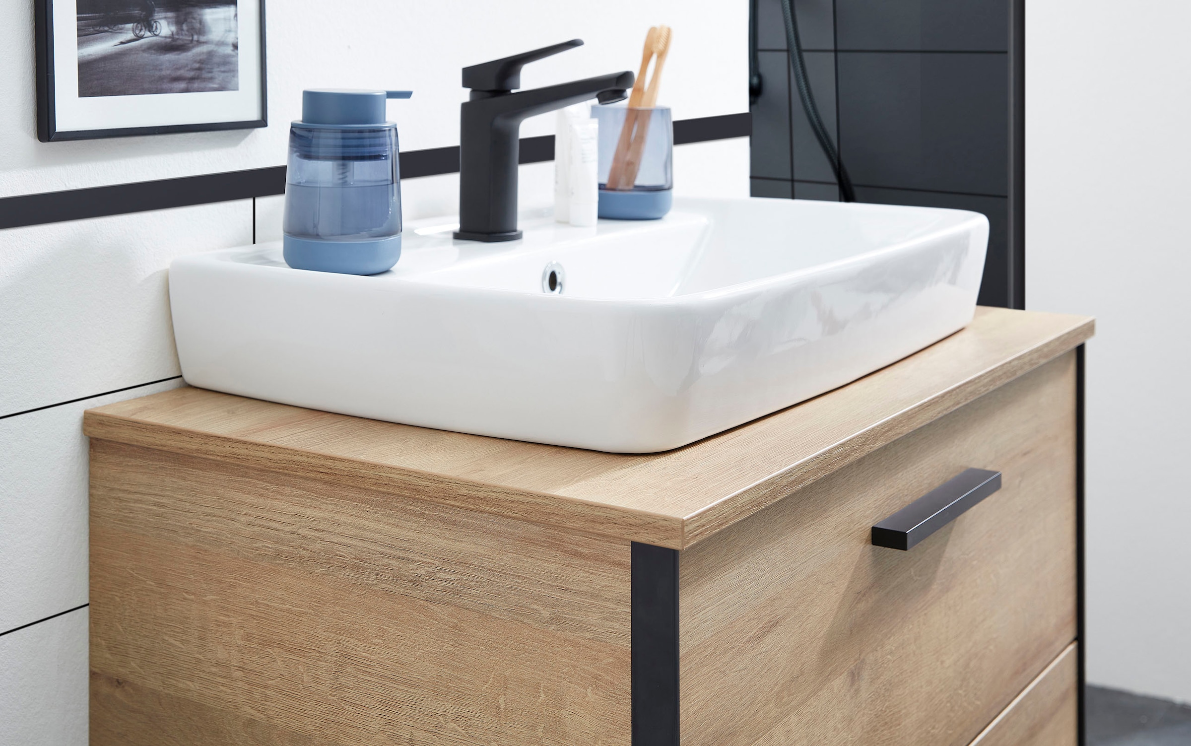 Saphir Badmöbel-Set »Quickset 395 2-teilig, Keramik-Aufsatzbecken mit LED-Spiegelschrank«, (4 St.), Waschplatz 73 cm breit, 2 Schubladen, Waschtischplatte, Bad-Set