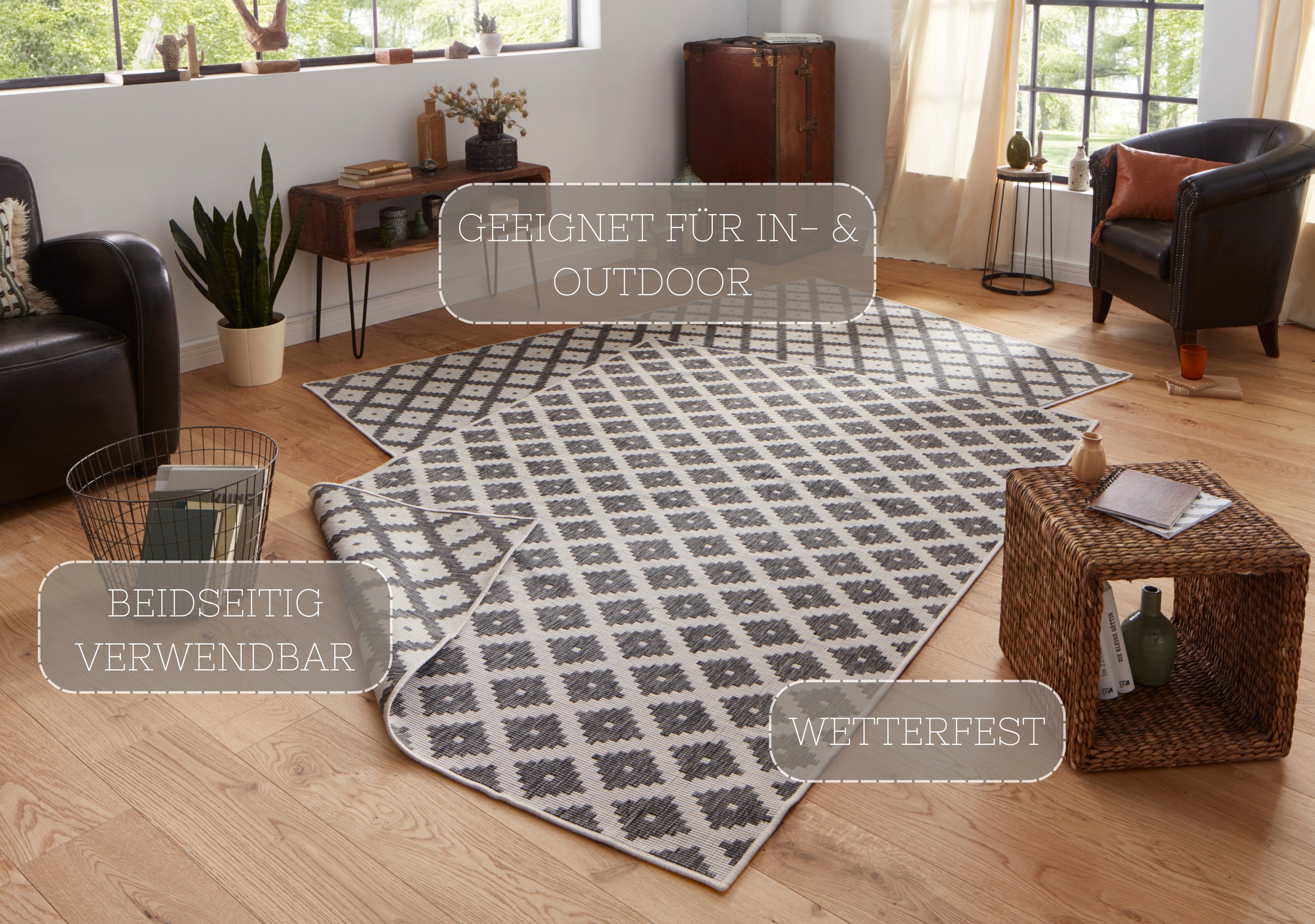 Teppich HANSE HOME "Nizza Wendeteppich" Gr. 2, grau (grau, creme), B:80cm H:5mm L:150cm, Kunstfaser, Teppiche, Teppich, In-& Outdoor, Wetterfest, Balkon, Läufer, Wohnzimmer, Wasserfest 2