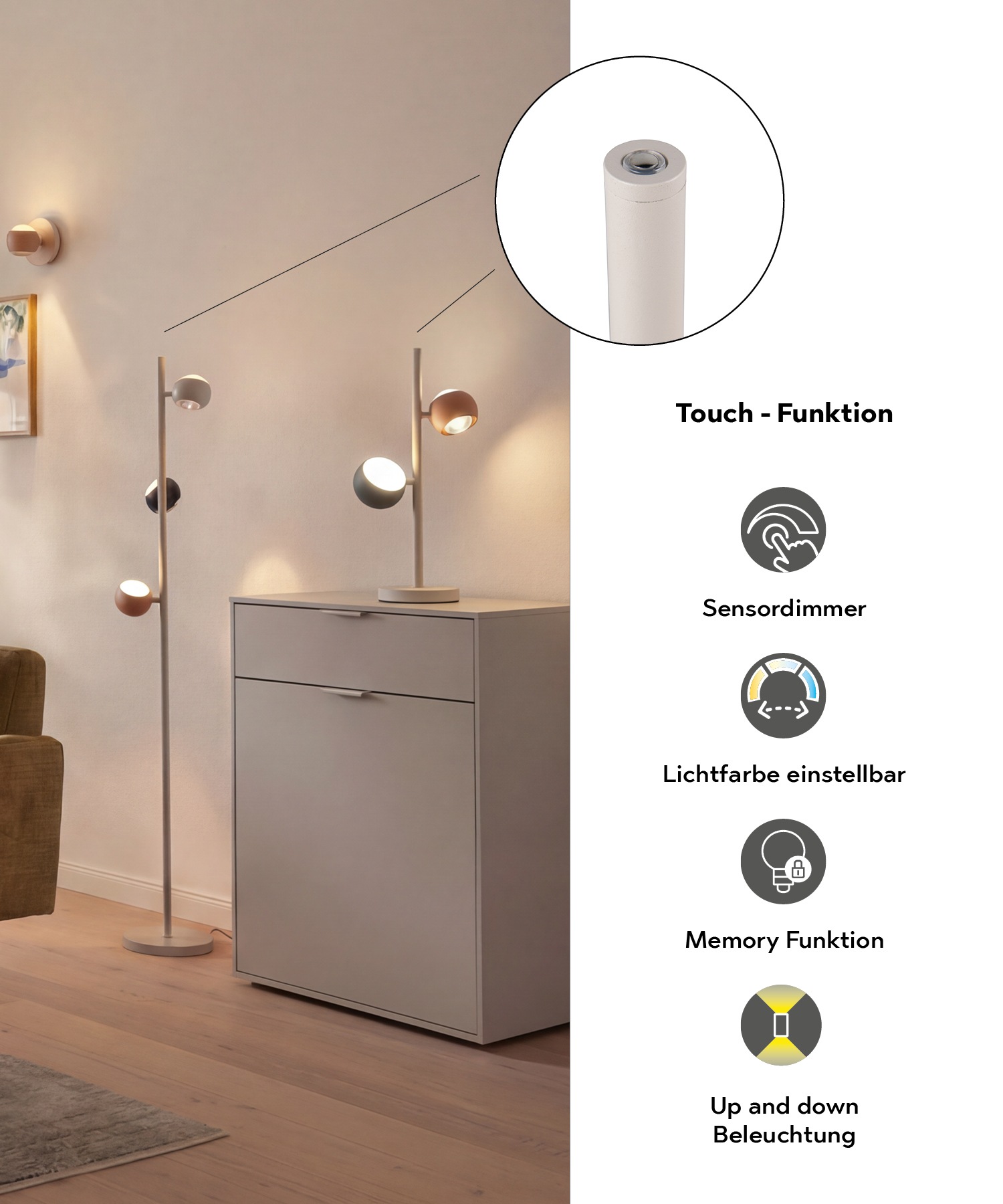 Musterring LED Tischleuchte »CANNON, 2-flammige LED Tischlampe 5W 500Lumen 2300+3000+4000K CCT« LED-Board 1 Stk. Farbwechsler | warmweiß - kaltweiß mit Touch-Sensordimmer, Memory, 2 schwenkbare Lichtkegel up-and-down