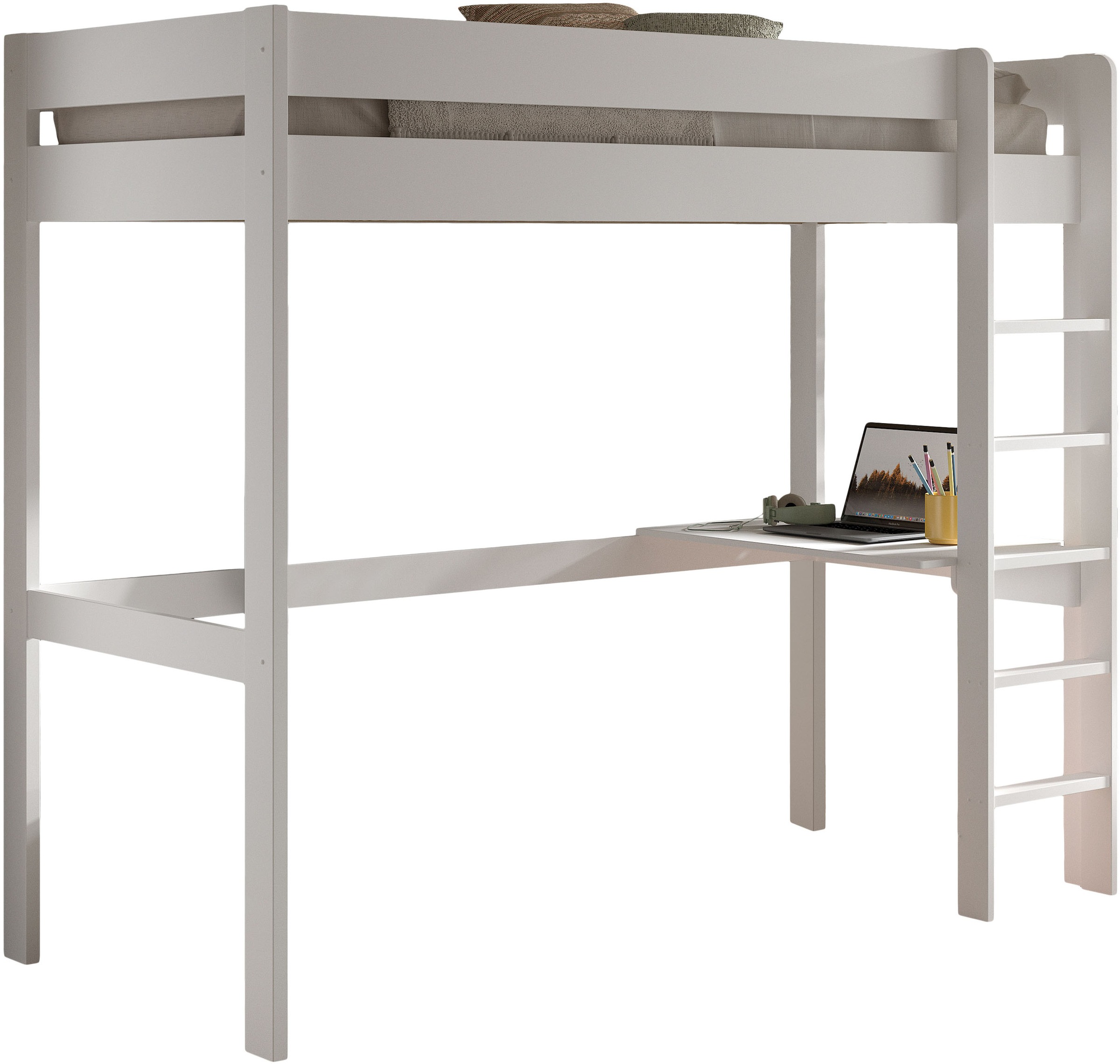 Vipack Hochbett "Primo mit Liegefläche 90 x 200 cm, inkl. Massivholz Rolllattenrost" Kiefer massiv, weiß lackiert, wahlweise ohne oder mit Schreibtisch
