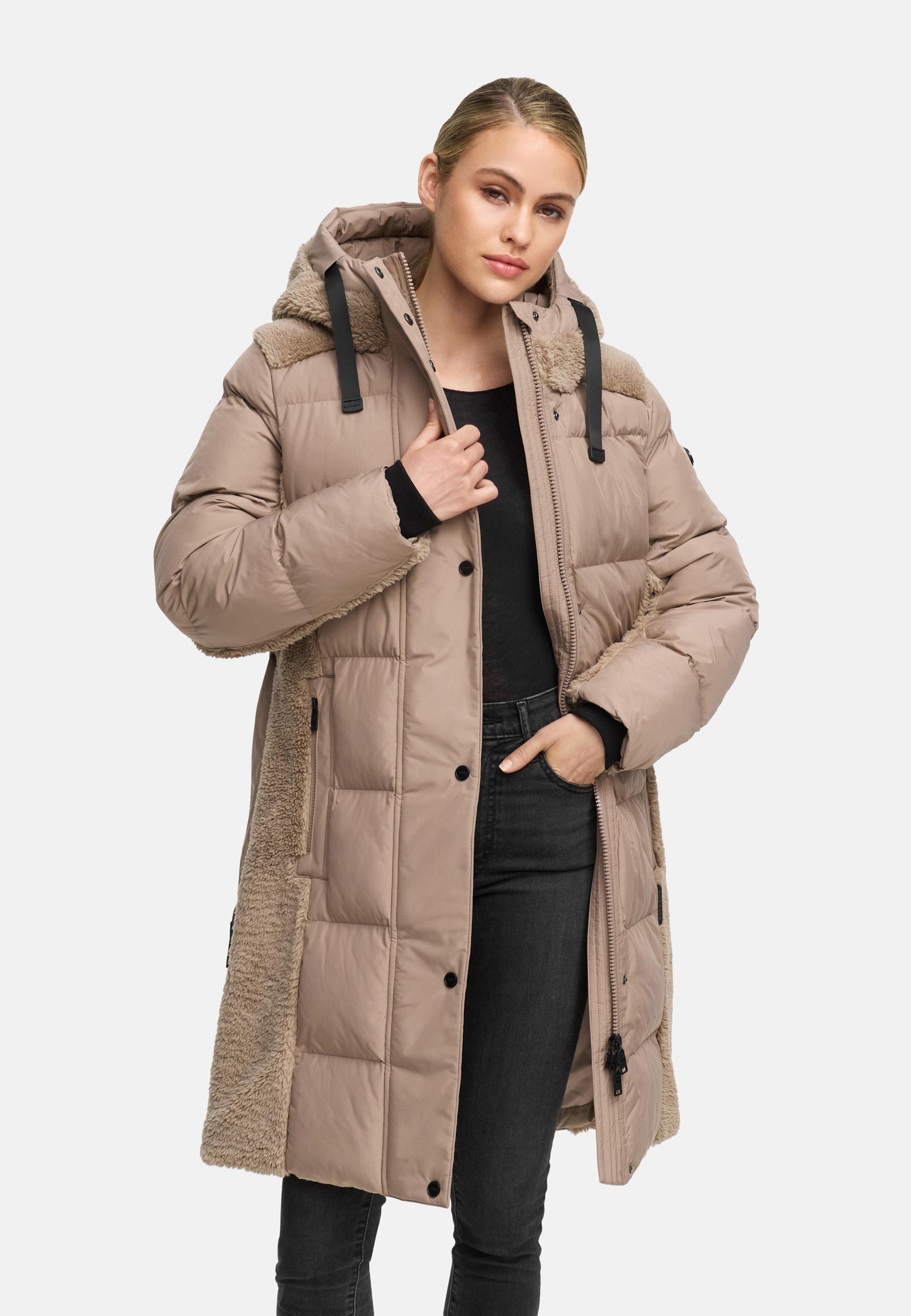 Navahoo Wintermantel »Funkelteddy 14«, warmer Mantel mit Teddyplüsch-Akzenten und Taillengürtel