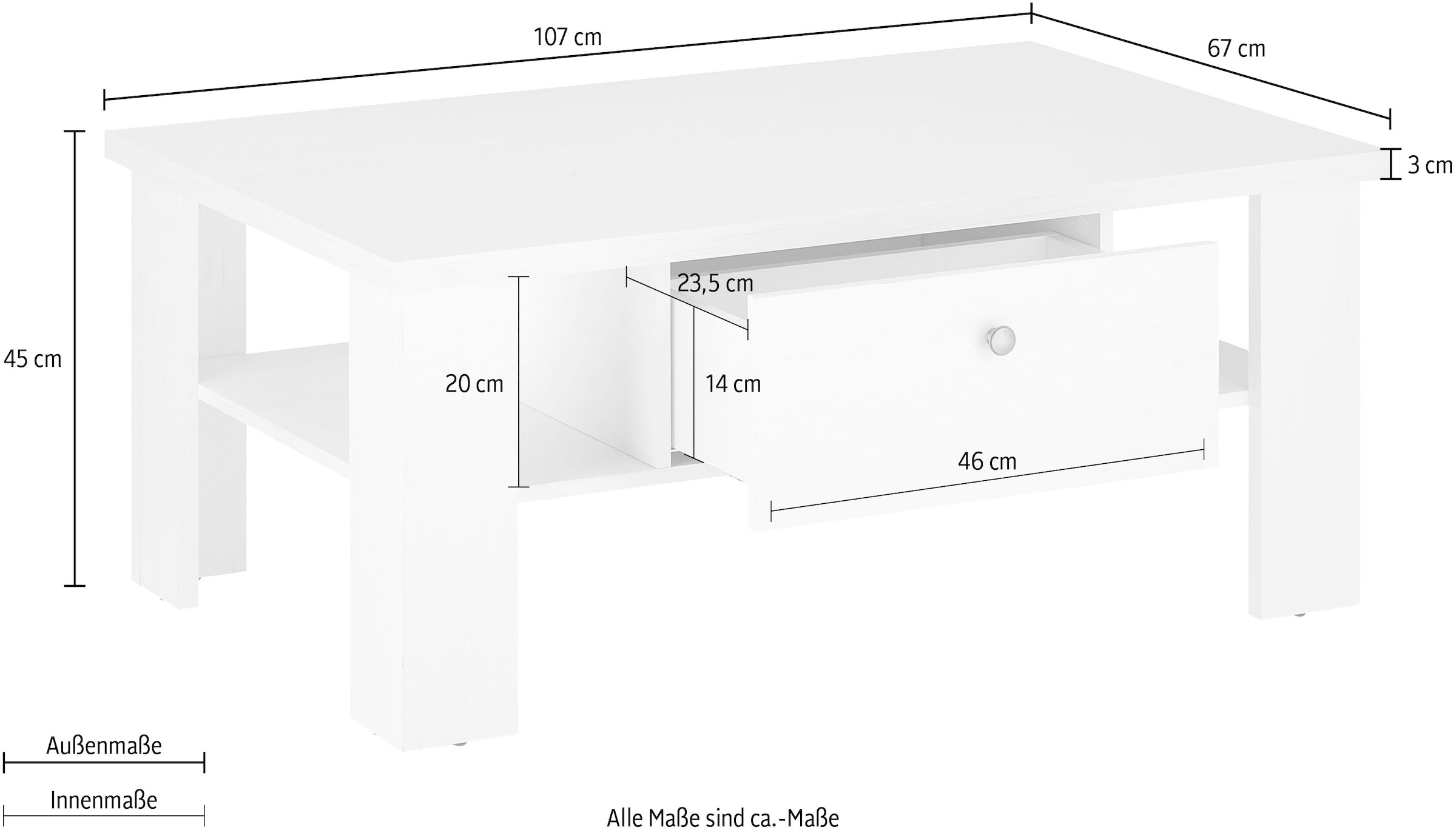 Home affaire Couchtisch »RAVENNA«, im zeitlosen Landhausstil, Breite 107 cm, Griffe aus Metall