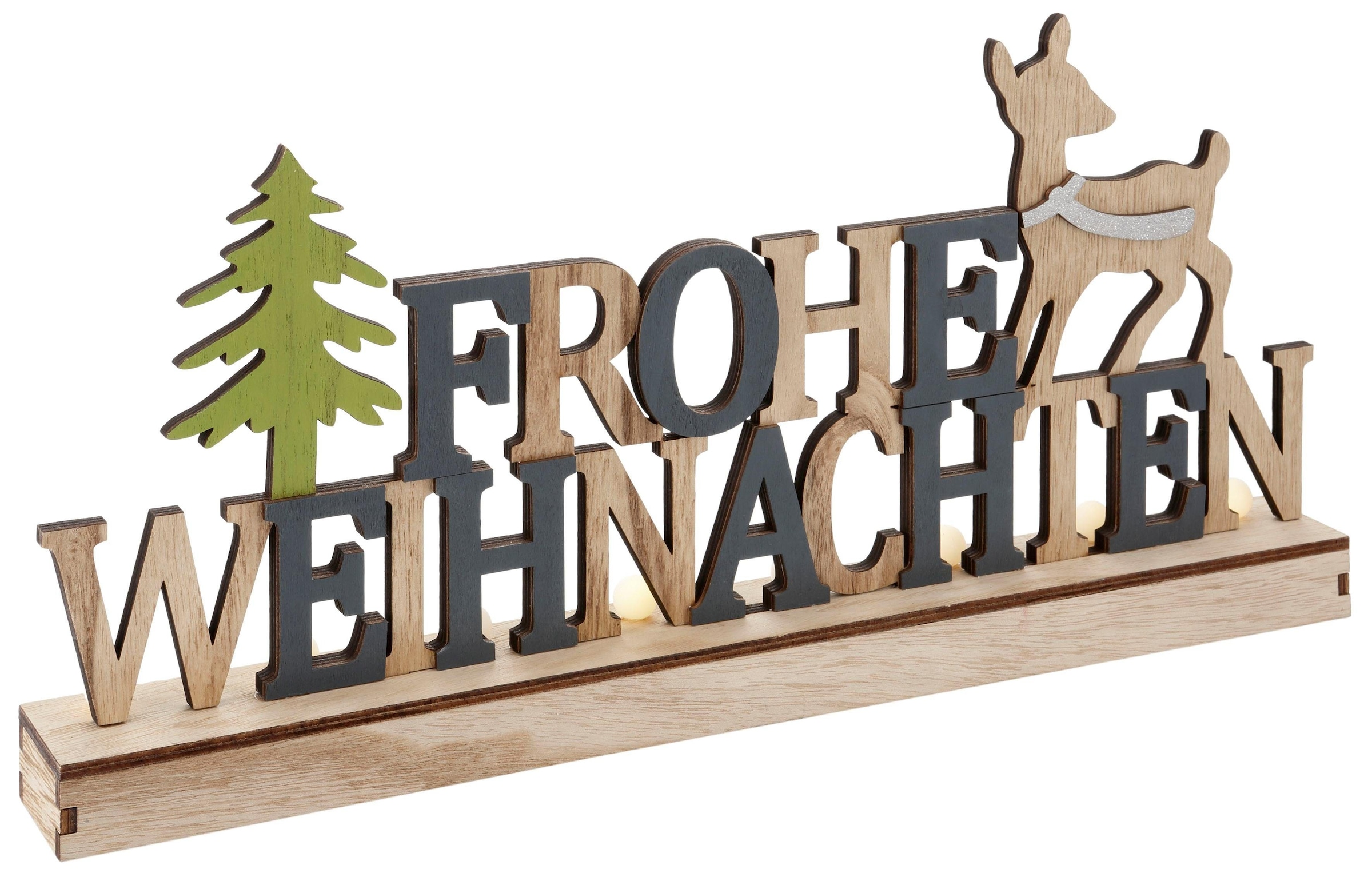 RIFFELMACHER & WEINBERGER Deko-Schriftzug »Frohe Weihnachten«, Weihnachtsdeko, LED-Schriftzug aus Holz, Batteriebetrieb,Timerfunktion