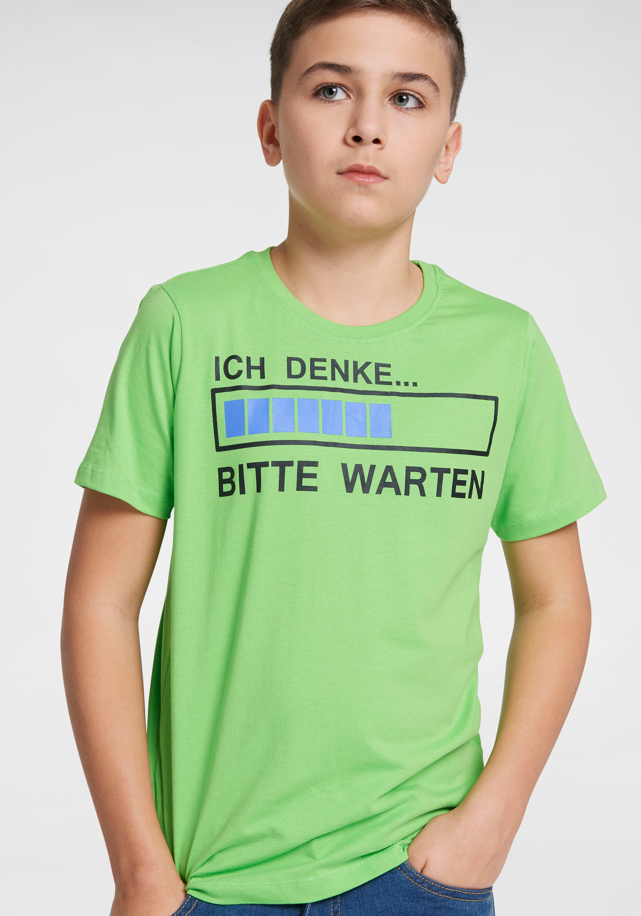 KIDSWORLD T-Shirt »ICH DENKE...BITTE WARTEN«, Spruch