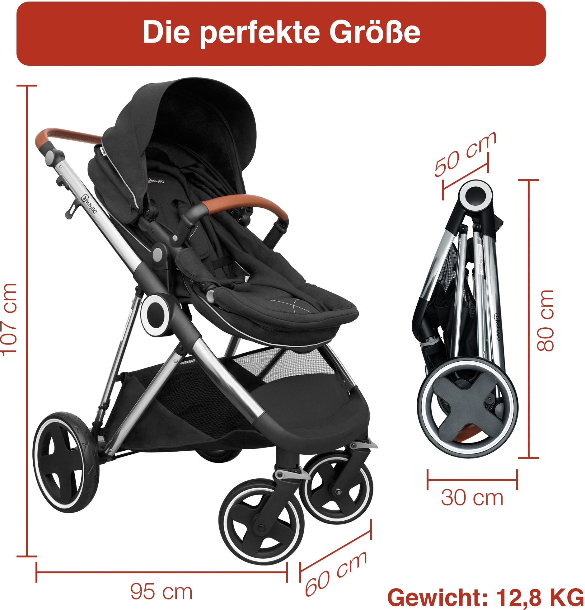 BabyGo Kombi-Kinderwagen »Halime 3in1, Anthracite Silver«, inklusive Babywanne, Babyschale, Regenhaube & Wickeltasche