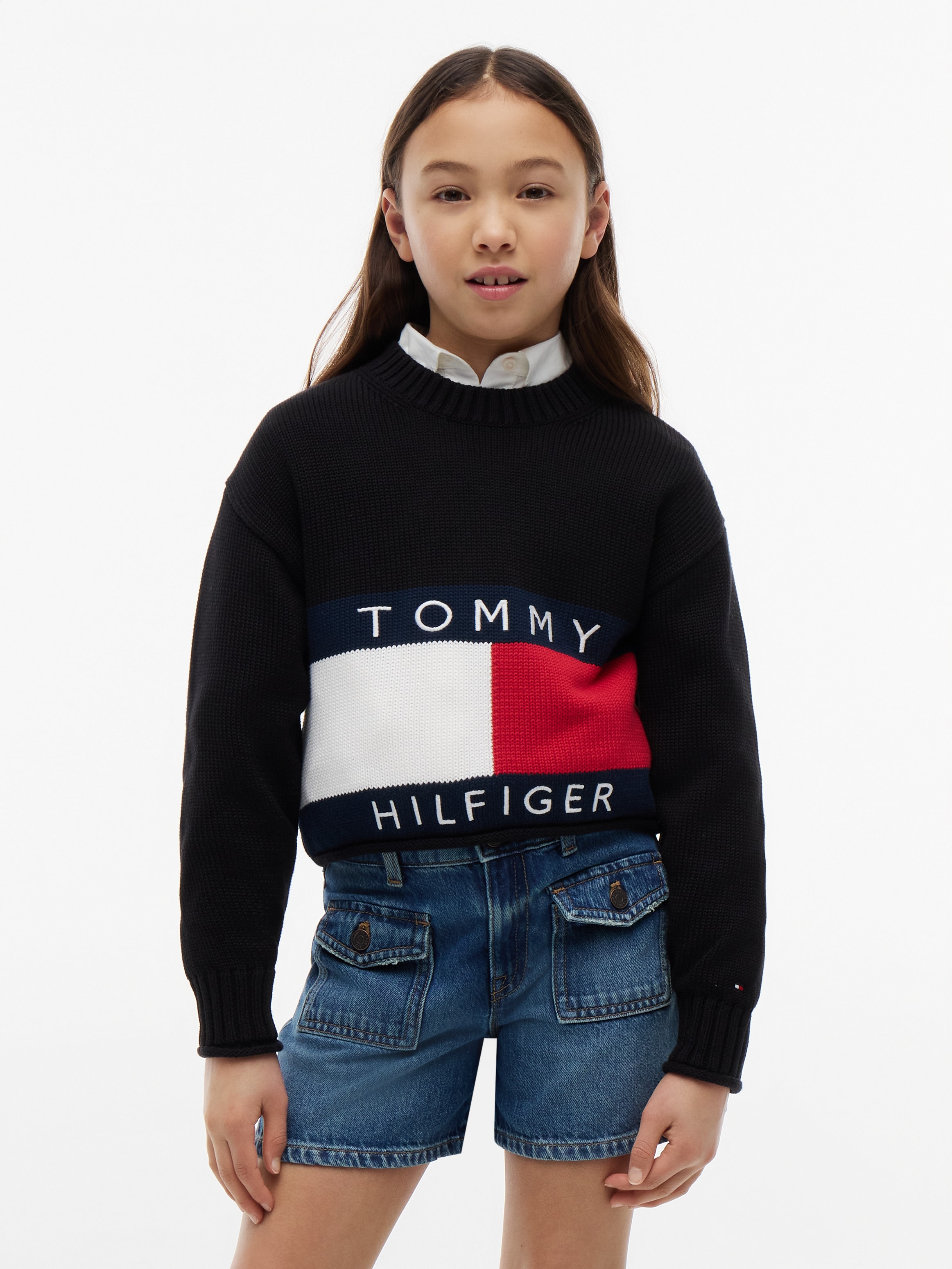 Tommy Hilfiger Strickpullover Rundhalsausschnitt, Rollkante am Saum, Kinder bis 16 Jahre