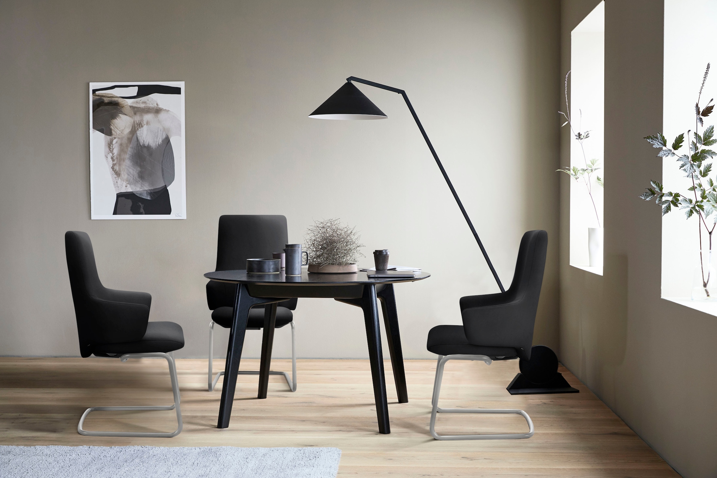 Polsterstuhl STRESSLESS "Laurel", grau (charcoal dinamica, schwarz matt), B:58cm H:105cm T:60cm, Microfaser DINAMICA (88% Polyester, 12% Polyurethan), Stühle, Polsterstuhl, High Back mit Armlehne, Größe L, mit Beinen aus Stahl in Schwarz matt