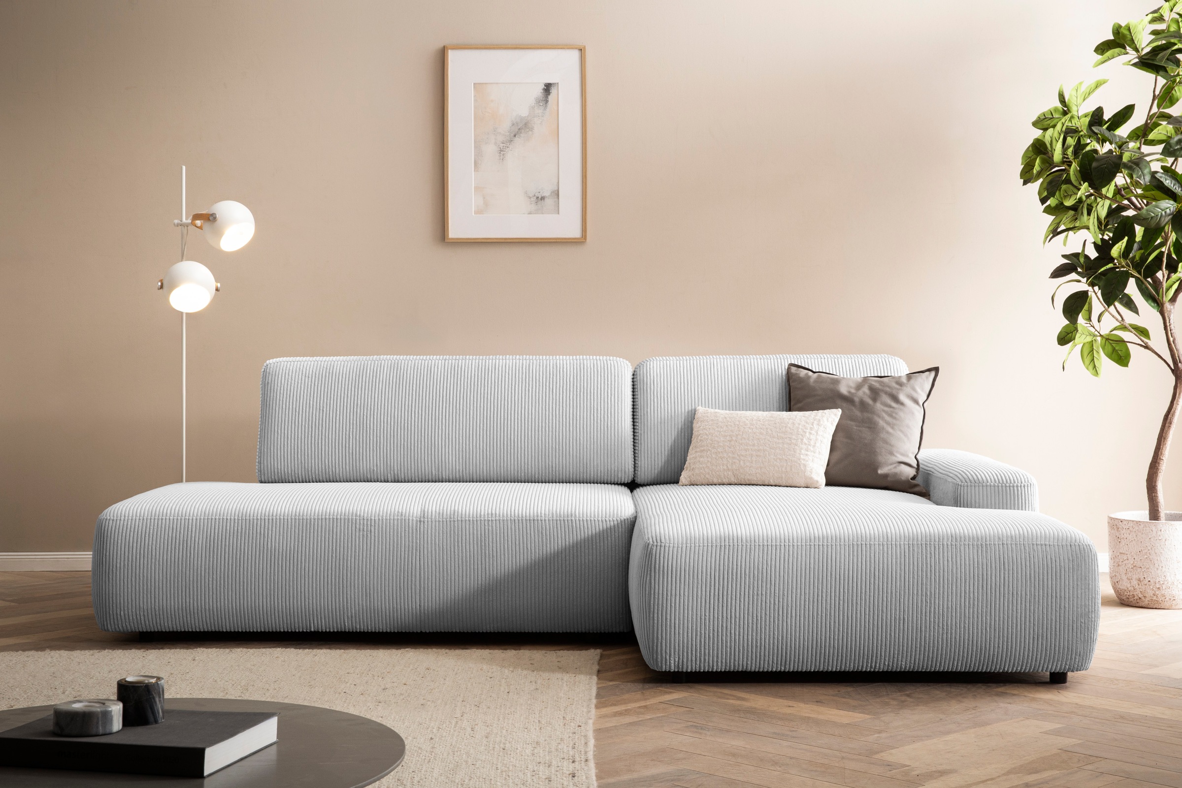INOSIGN Ecksofa »TORGE, Schlafsofa Cord, Samtvelours u. Strukur fein, Couch in L-Form«, Schlaffunktion und Bettkasten, Liegefläche: 210x125 cm, neues Design
