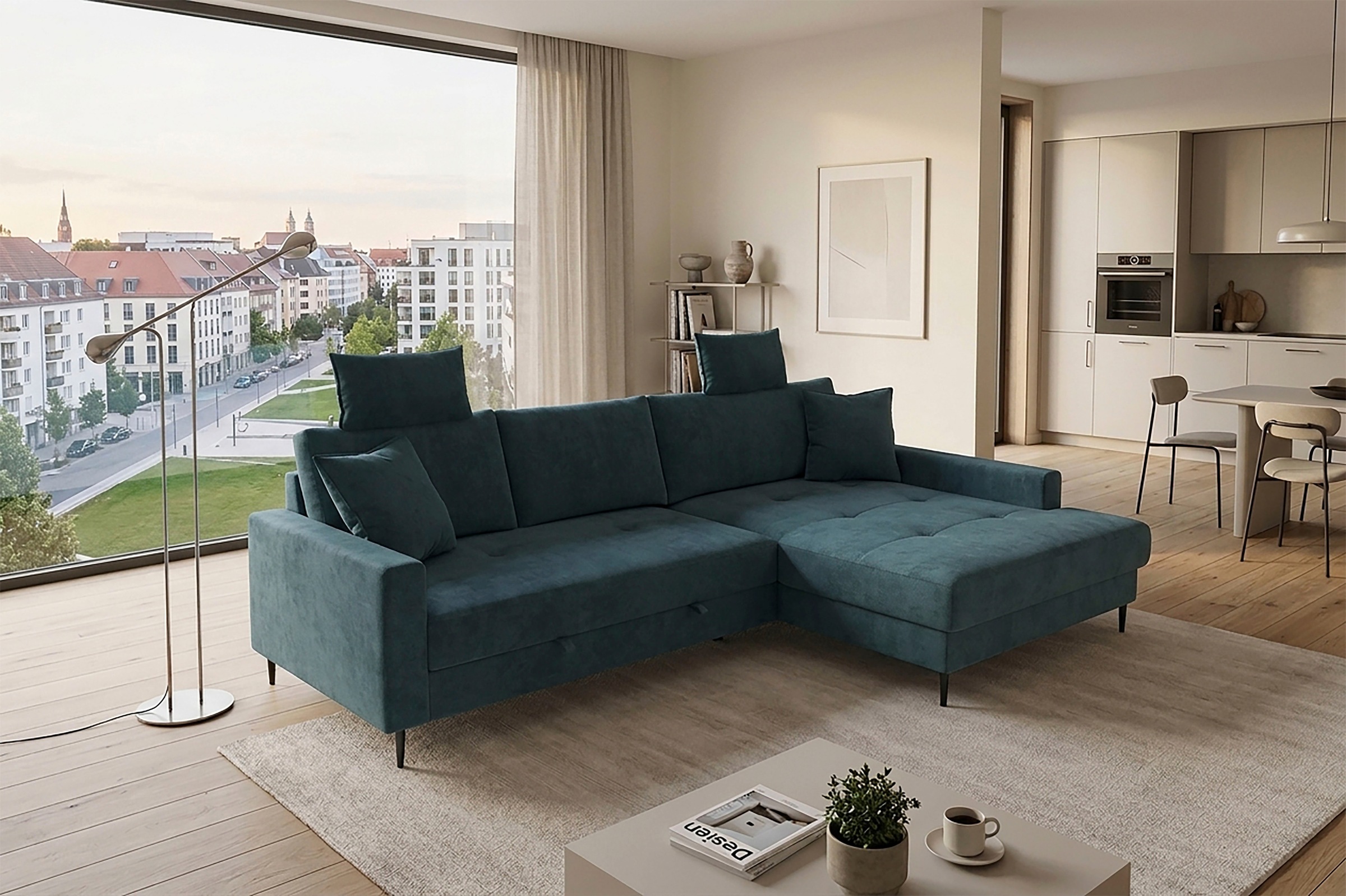 Trends by HG Ecksofa "Summer L-Form, B: 284 cm, Schlaffunktion, 2 Zierkissen" mit Kopfstützen, Wellenfederung, frei stellbar