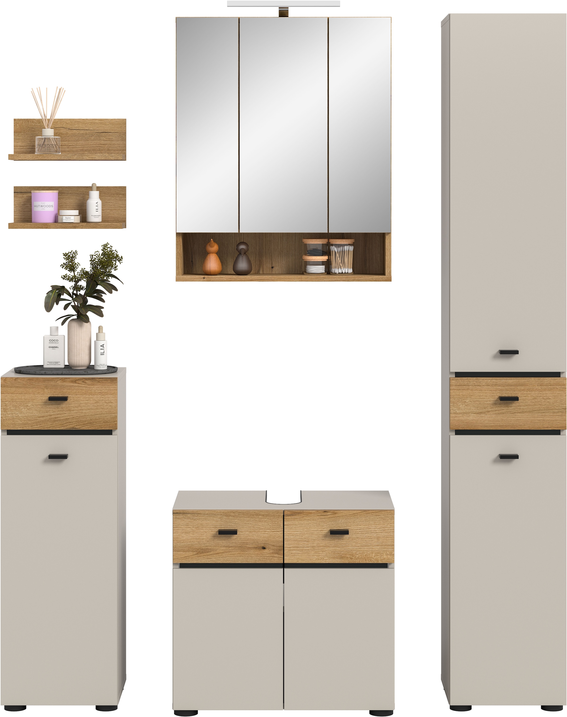 welltime Badmöbel-Set »VANN, 6-teilige moderne Badkombination, inkl. Beleuchtung« Midischrank, 2er Set Wandregal, WBU, Spiegelschrank, Hochschrank, 6 Stk. tlg.